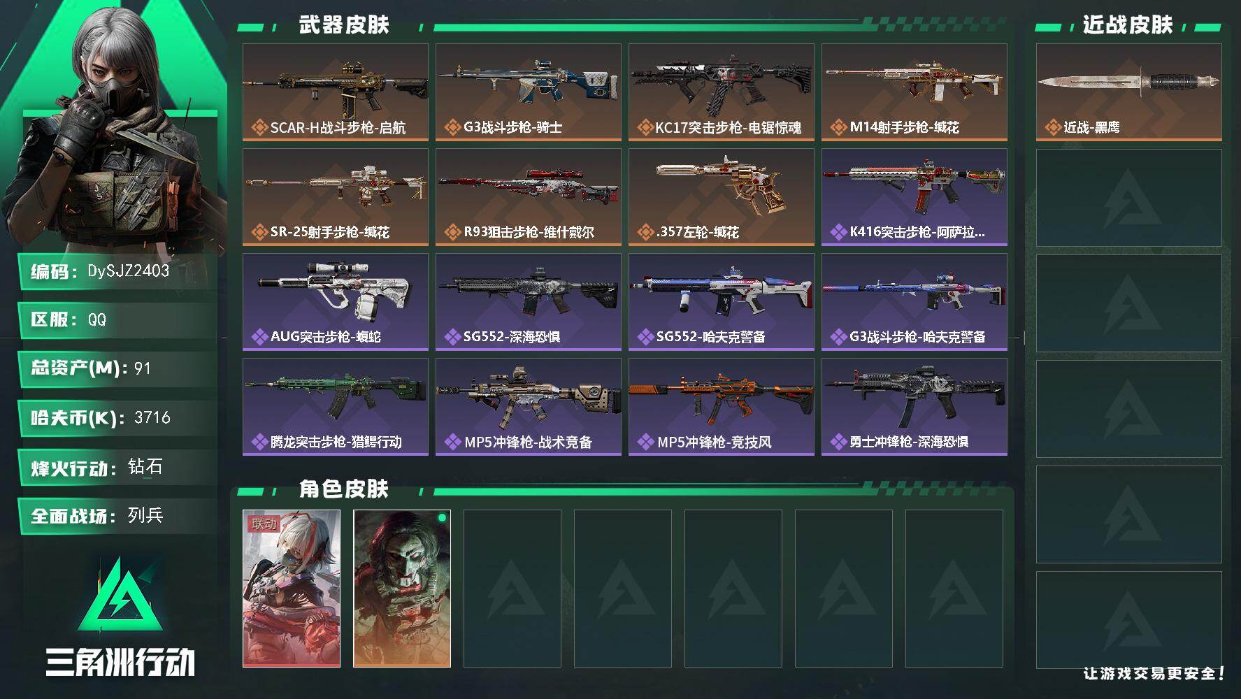 三角洲行动账号QQ【DySJZ2403】总资产91M/哈夫币371万/干员外观数2/传说枪皮数7/战场等级11/行动等级60/安全箱等时效性道具以游戏内数据为准，详情请看图/骇爪-维什戴尔/红狼-电锯惊魂/近战-黑鹰