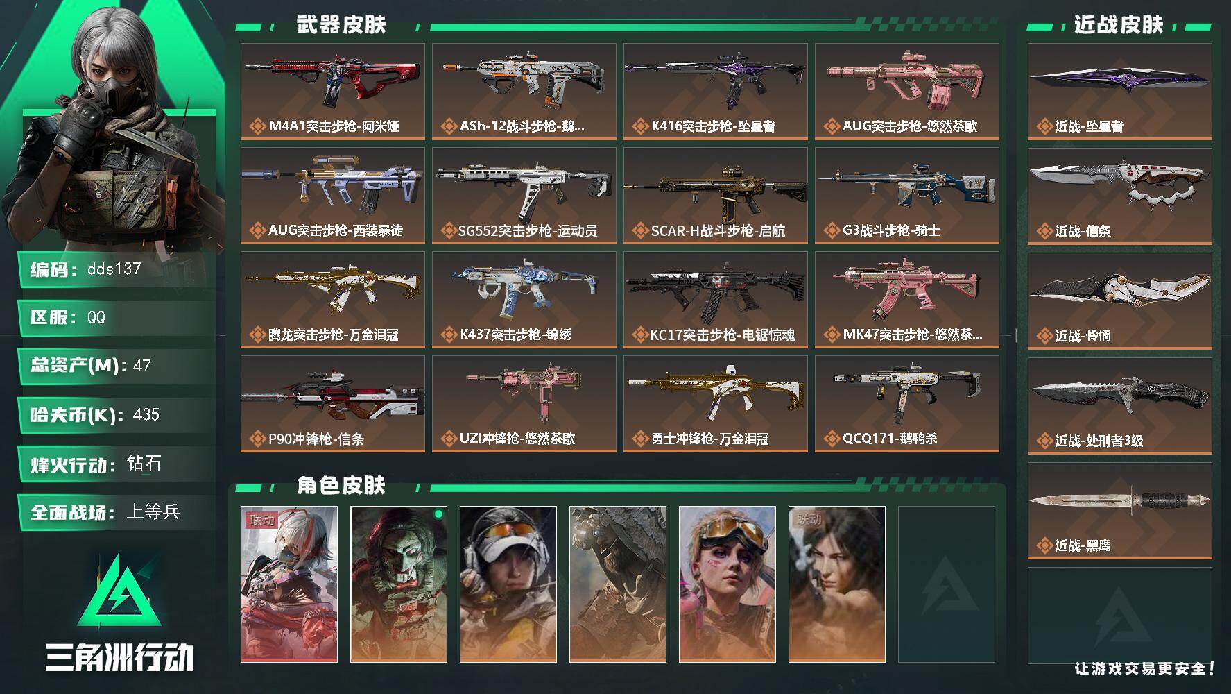 三角洲行动账号QQ【dds137】总资产47M/哈夫币43万/传说近战数4/干员外观数6/传说枪皮数28/战场等级31/行动等级60/安全箱等时效性道具以游戏内数据为准，详情请看图/骇爪-维什戴尔/红狼-电锯惊魂/露
