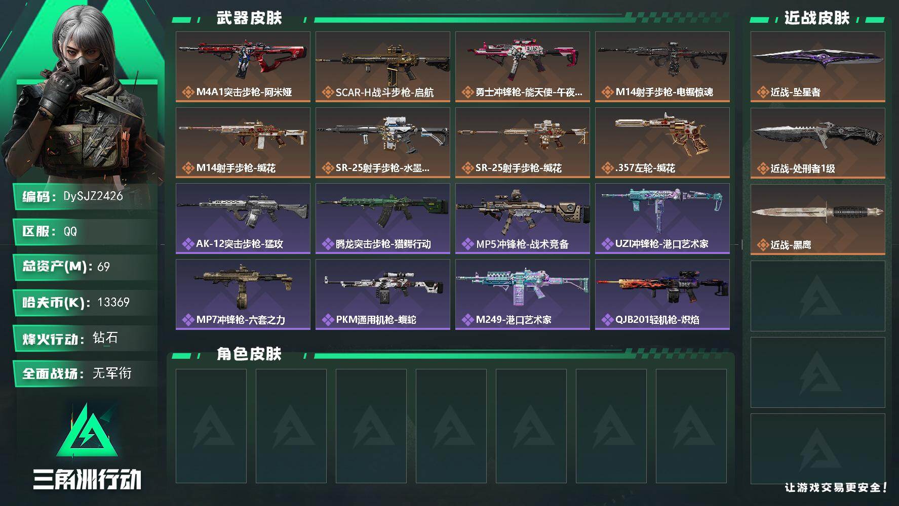 三角洲行动账号QQ【DySJZ2426】总资产69M/哈夫币1336万/传说近战数2/传说枪皮数8/战场等级1/行动等级60/安全箱等时效性道具以游戏内数据为准，详情请看图/近战-坠星者/近战-处刑者1级/近战-黑鹰