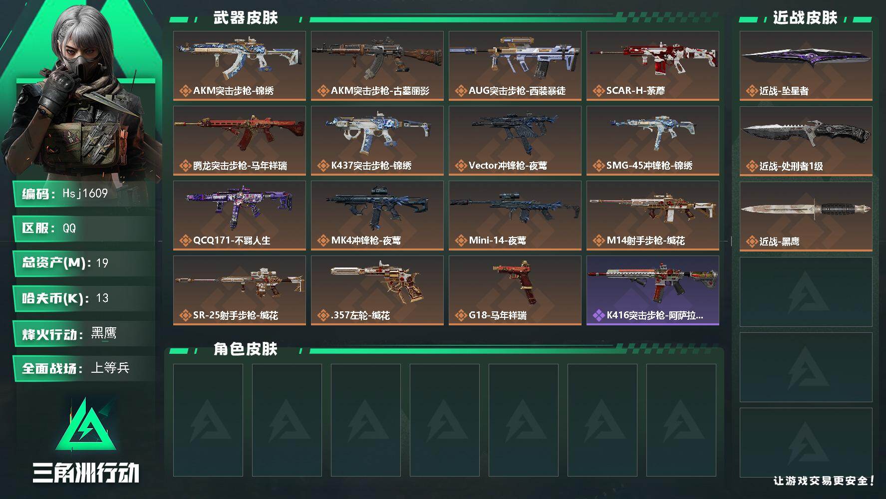 三角洲行动账号QQ【特价秒杀】【总资产19m流动资产1m哈夫币1.3w】可二次--全面战场等级：20/烽火地带等级：6