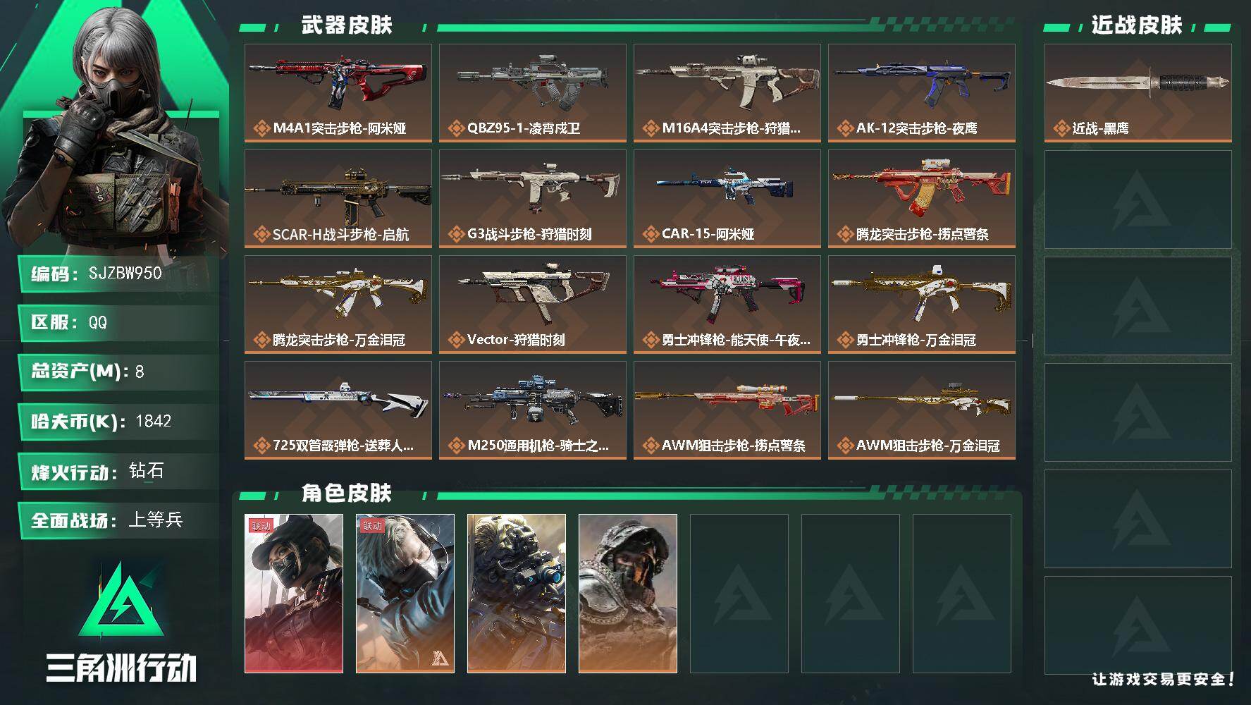 三角洲行动账号QQ【SJZBW950】总资产8M/哈夫币184万/干员外观数4/传说枪皮数18/战场等级29/行动等级60/安全箱等时效性道具以游戏内数据为准，详情请看图/露娜-黑·天际线/蜂医-送葬人·无题密令/无
