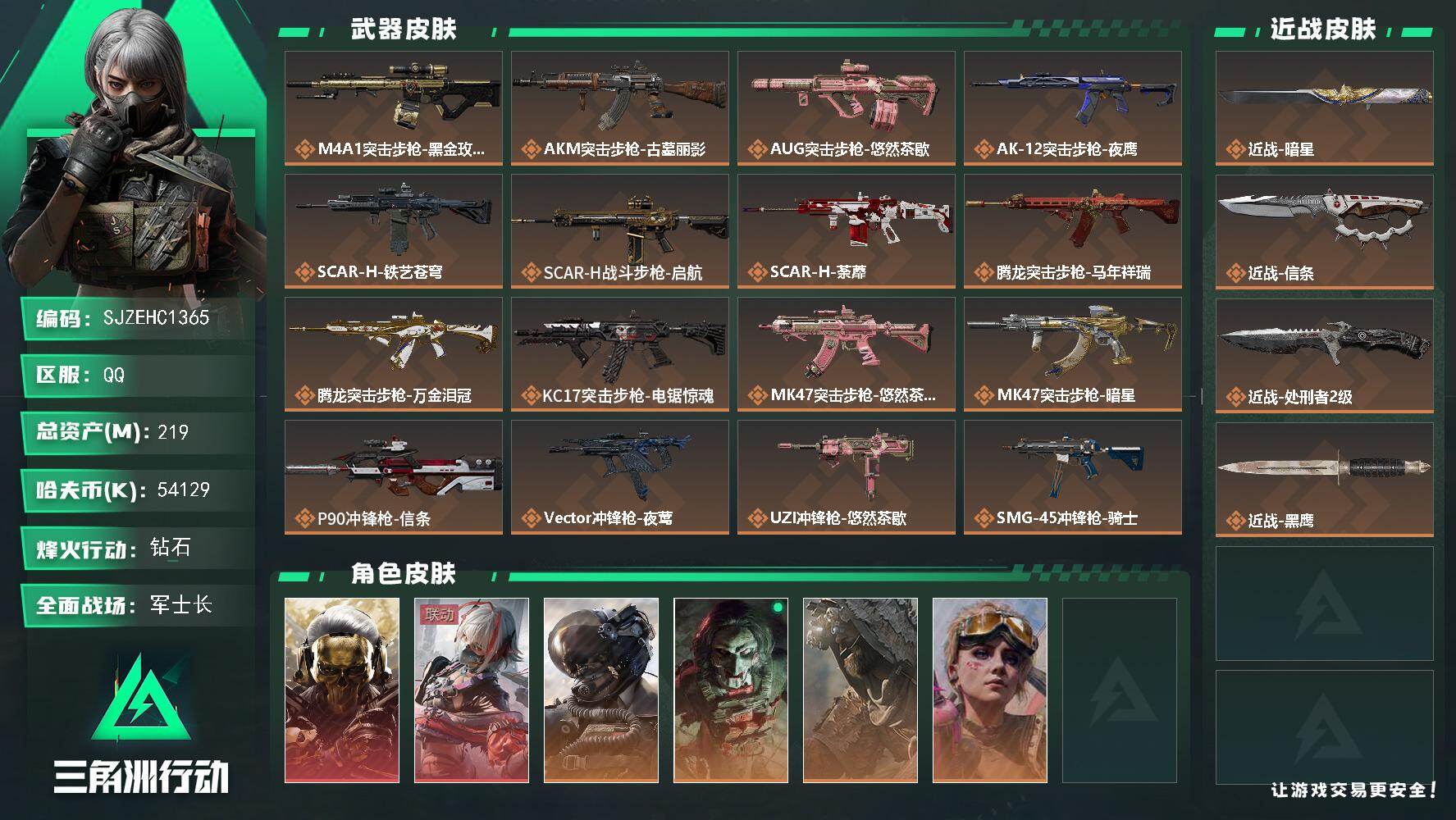 三角洲行动账号QQ【SJZEHC1365】EHC82897-6个六甲-8个六头-暗星-信条-蚀金玫瑰-维什戴尔-2刀皮-2红皮-4金皮
219m总资产-54129k哈夫币-60烽火等级-钻石-50战场等级-军士长
【