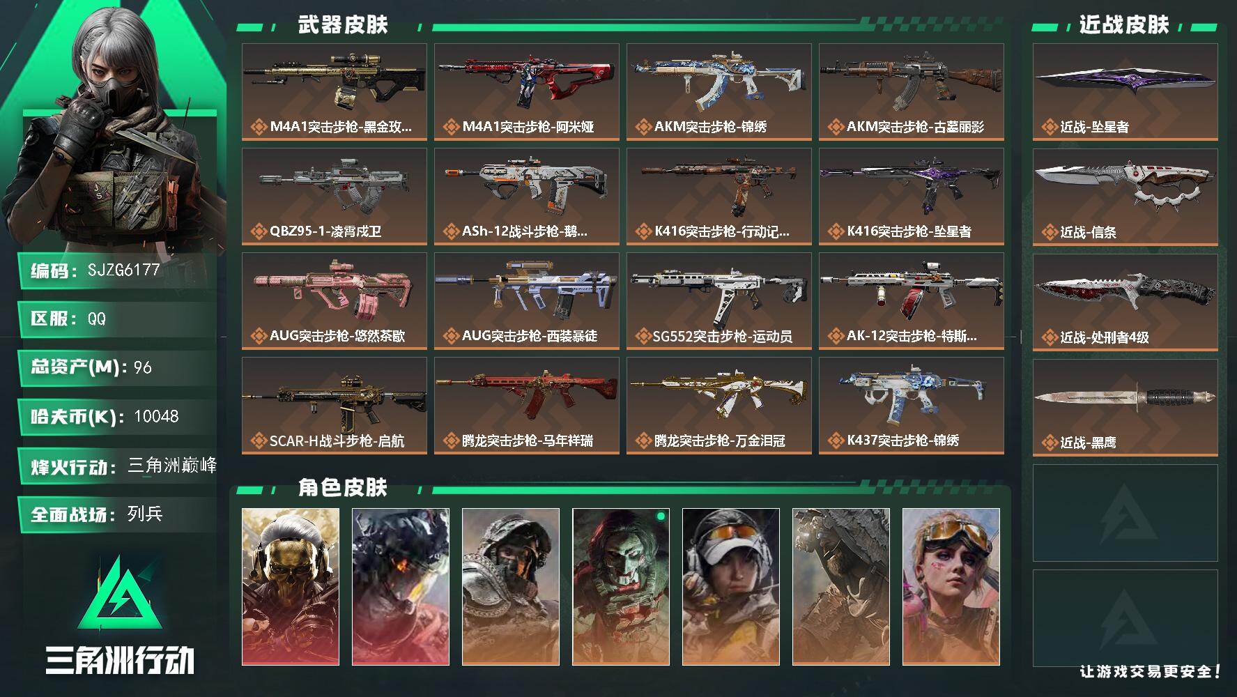 三角洲行动账号QQ【SJZG6177】总资产96M/哈夫币1004万/传说近战数3/干员外观数9/传说枪皮数36/战场