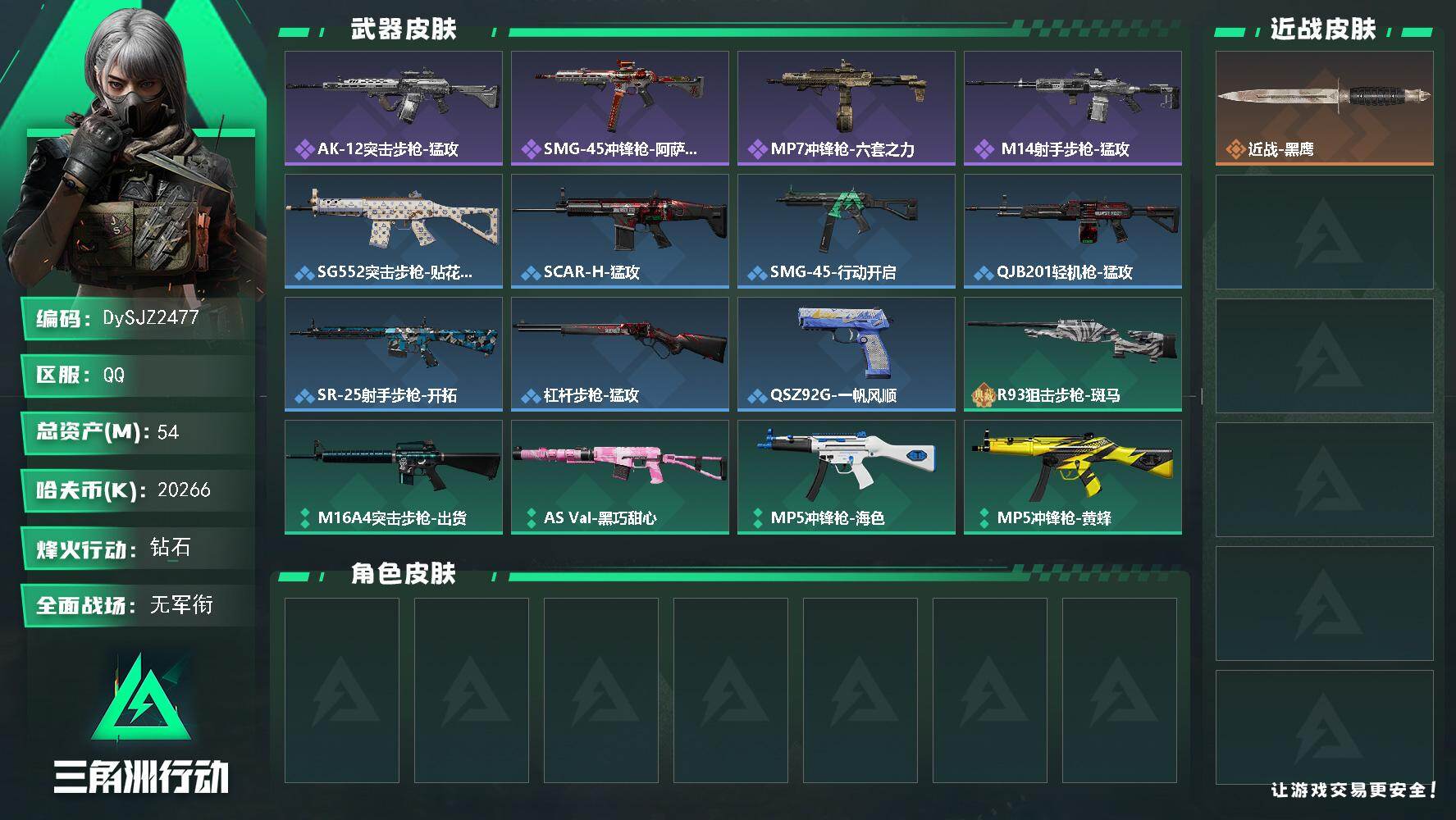 三角洲行动账号QQ【DySJZ2477】总资产54M/哈夫币2026万/战场等级1/行动等级60/安全箱等时效性道具以游戏内数据为准，详情请看图/近战-黑鹰/AK-12突击步枪-猛攻/SMG-45冲锋枪-阿萨拉特攻/