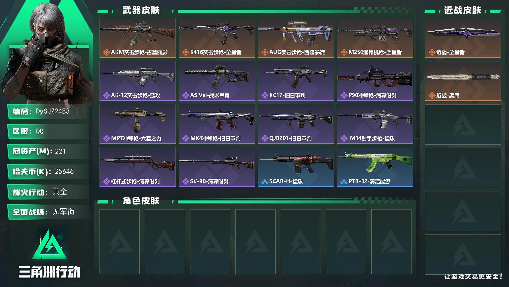 三角洲行动账号QQ【DySJZ2483】总资产221M/哈夫币2564万/传说近战数1/传说枪皮数4/战场等级1/行动等级60/安全箱等时效性道具以游戏内数据为准，详情请看图/近战-坠星者/近战-黑鹰/AKM突击步枪