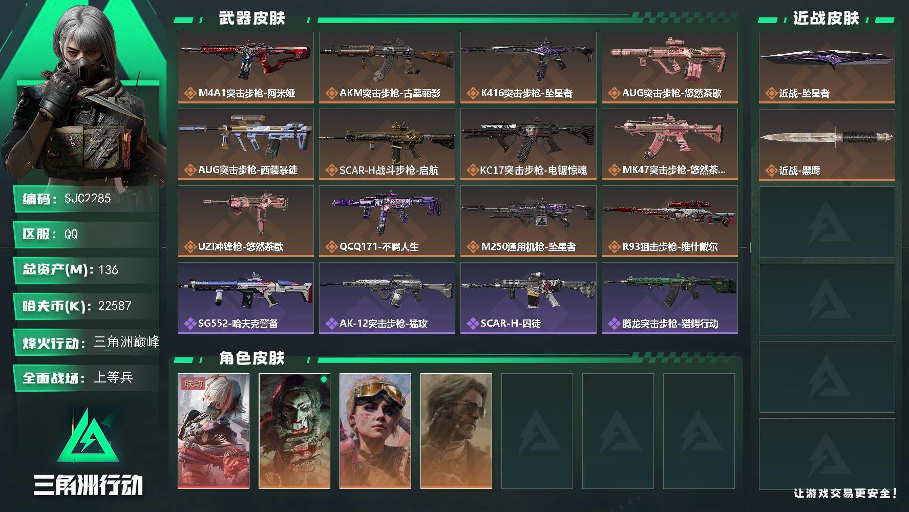 三角洲行动账号QQ【SJC2285】总资产136M/哈夫币2258万/传说近战数1/干员外观数4/传说枪皮数12/战场等级23/行动等级60/安全箱等时效性道具以游戏内数据为准，详情请看图/骇爪-维什戴尔/红狼-电锯
