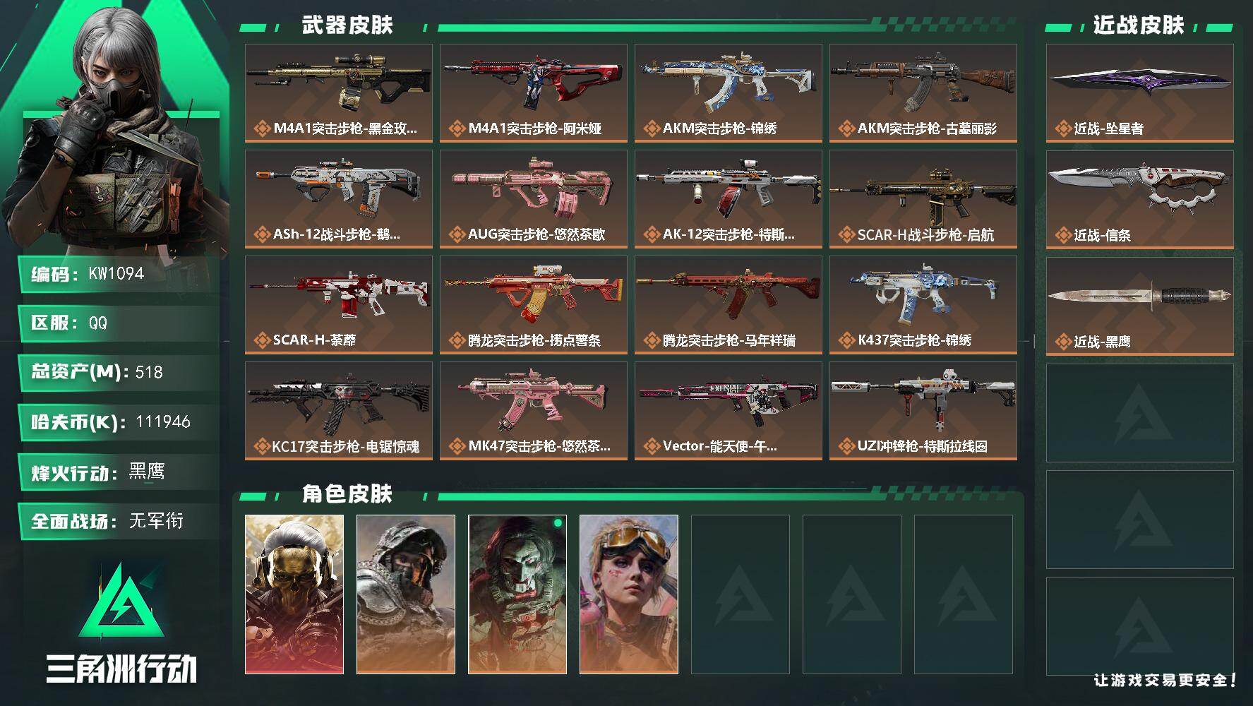 三角洲行动账号QQ【KW1094】总资产518M/哈夫币11194万/传说近战数2/干员外观数4/传说枪皮数29/战场等级1/行动等级60/安全箱等时效性道具以游戏内数据为准，详情请看图/红狼-蚀金玫瑰/深蓝-不破誓