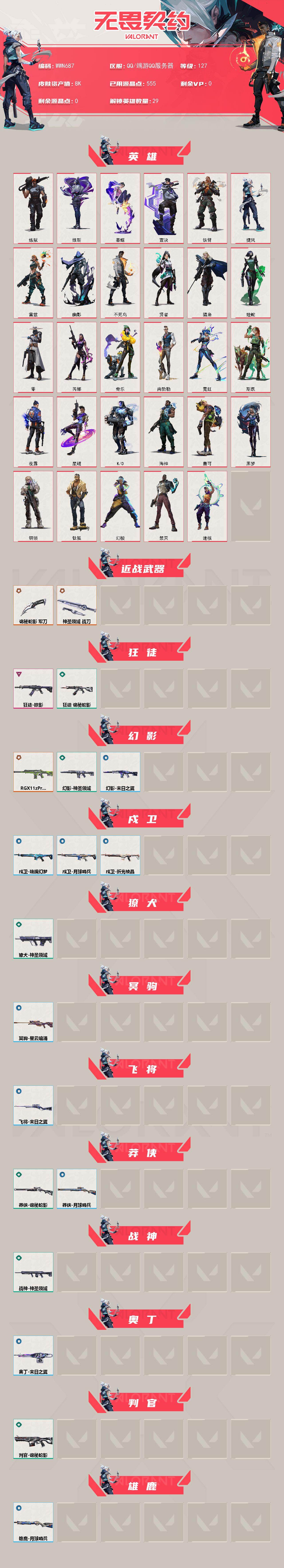 【WWN687】LV等级127/皮肤总价值8230/段位白银/总皮肤数量37/刀皮数量2/枪皮数量35/具体详情请看图/幻棱/炼狱/维斯/暮蝶/钛狐/壹决/铁臂/捷风/雷兹/幽影/不死鸟/贤者/猎枭