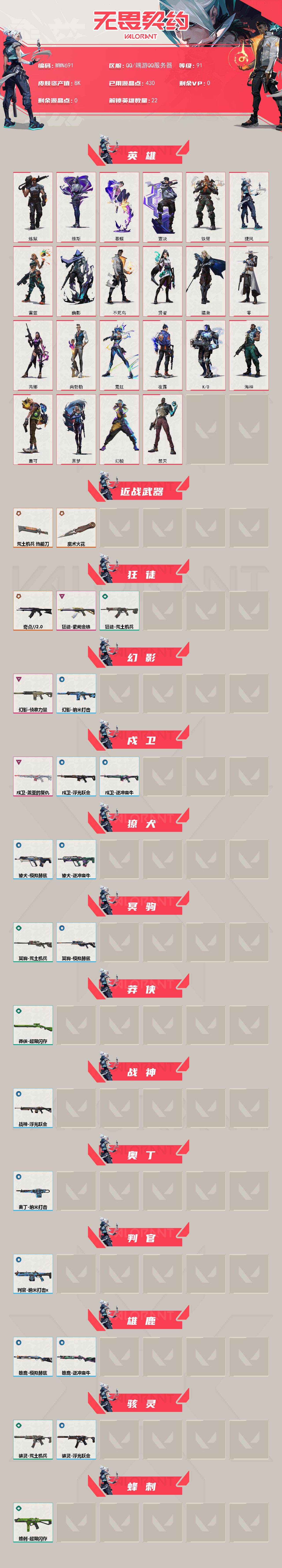 【WWN691】LV等级91/皮肤总价值8640/段位白银/总皮肤数量30/刀皮数量2/枪皮数量28/具体详情请看图/幻棱/炼狱/维斯/暮蝶/壹决/铁臂/捷风/雷兹/幽影/不死鸟/贤者/猎枭/零/芮