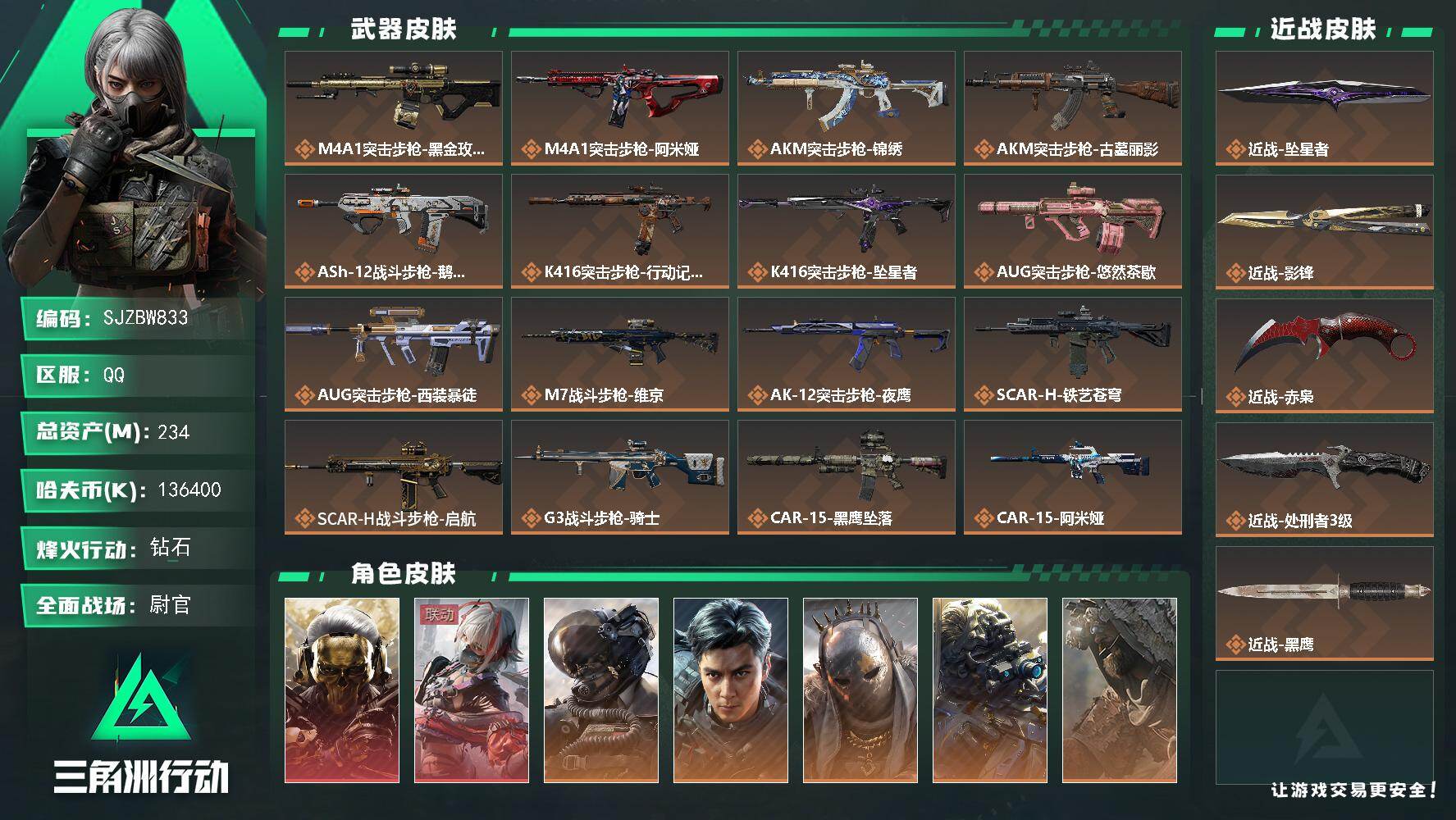 三角洲行动账号QQ【SJZBW833】总资产234M/哈夫币13640万/传说近战数4/干员外观数10/传说枪皮数40/战场等级50/行动等级60/安全箱等时效性道具以游戏内数据为准，详情请看图/红狼-蚀金玫瑰/骇爪