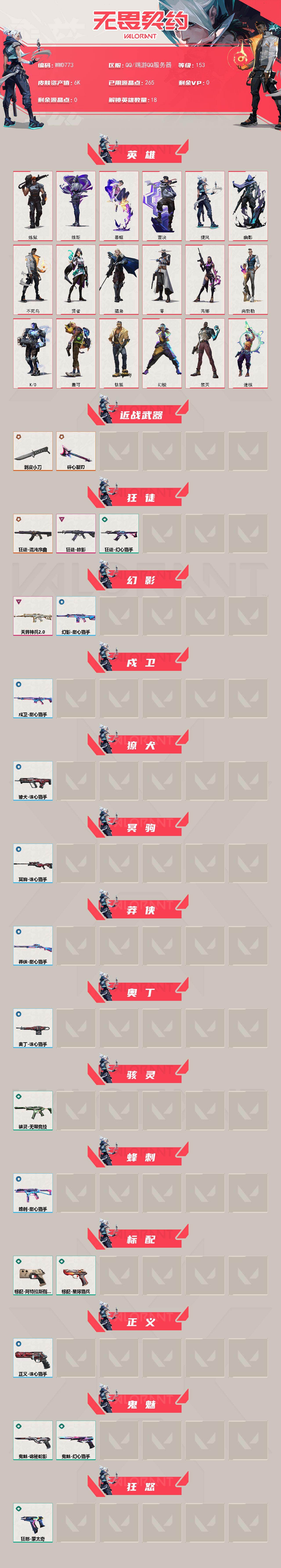 【WWD773】LV等级153/皮肤总价值6750/段位黄金/总皮肤数量21/刀皮数量2/枪皮数量19/具体详情请看图/幻棱/炼狱/维斯/暮蝶/钛狐/壹决/捷风/幽影/不死鸟/贤者/猎枭/零/芮娜/