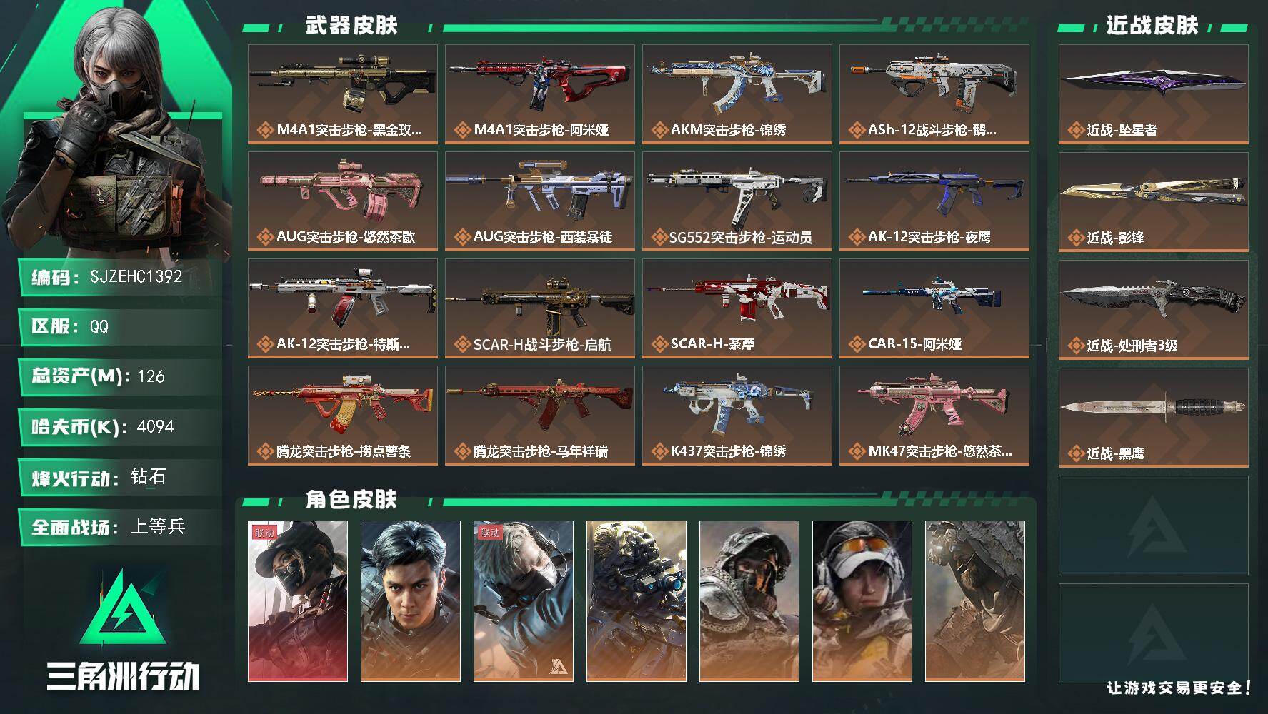 三角洲行动账号QQ【SJZEHC1392】EHC50169
6高级咖啡豆/131aw/天际线/飞虎/7金皮/影锋/坠星者
126m总资产-4094k哈夫币-60烽火等级-钻石-16战场等级-上等兵
【干员外观】：露娜