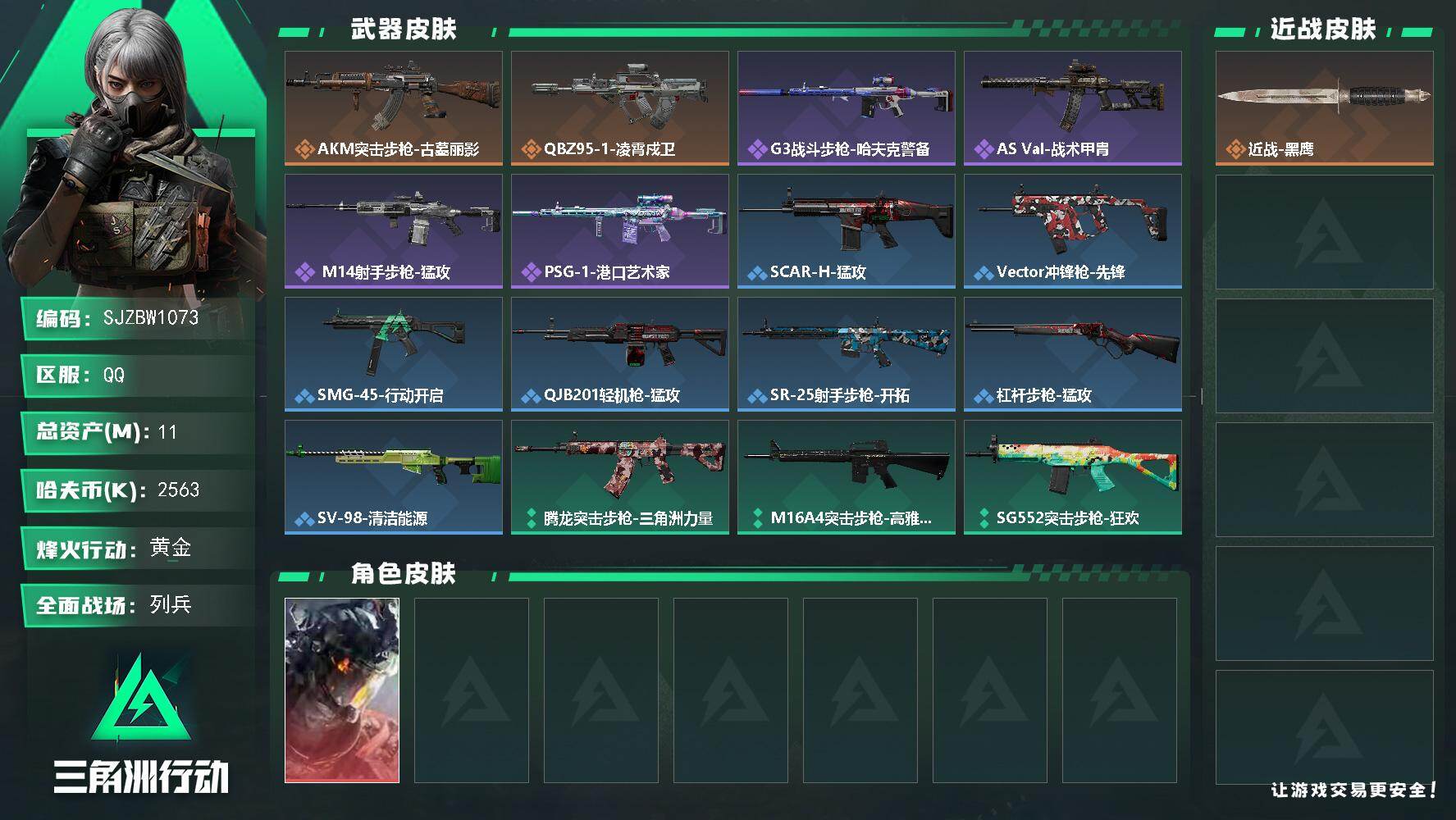 三角洲行动账号QQ【SJZBW1073】总资产11M/哈夫币256万/干员外观数1/传说枪皮数2/战场等级8/行动等级39/安全箱等时效性道具以游戏内数据为准，详情请看图/威龙-凌霄戍卫/近战-黑鹰/AKM突击步枪-