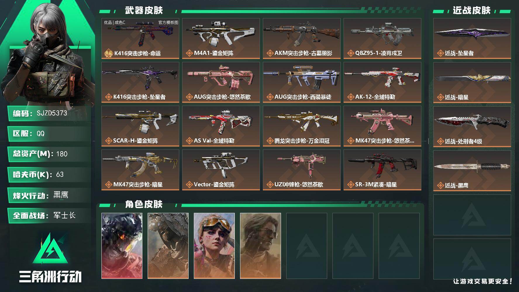 三角洲行动账号QQ【SJZD5373】总资产180M/哈夫币6万/传说近战数3/干员外观数4/典藏外观数1/传说枪皮数22/战场等级23/行动等级60/安全箱等时效性道具以游戏内数据为准，详情请看图/零号玩家/威龙-