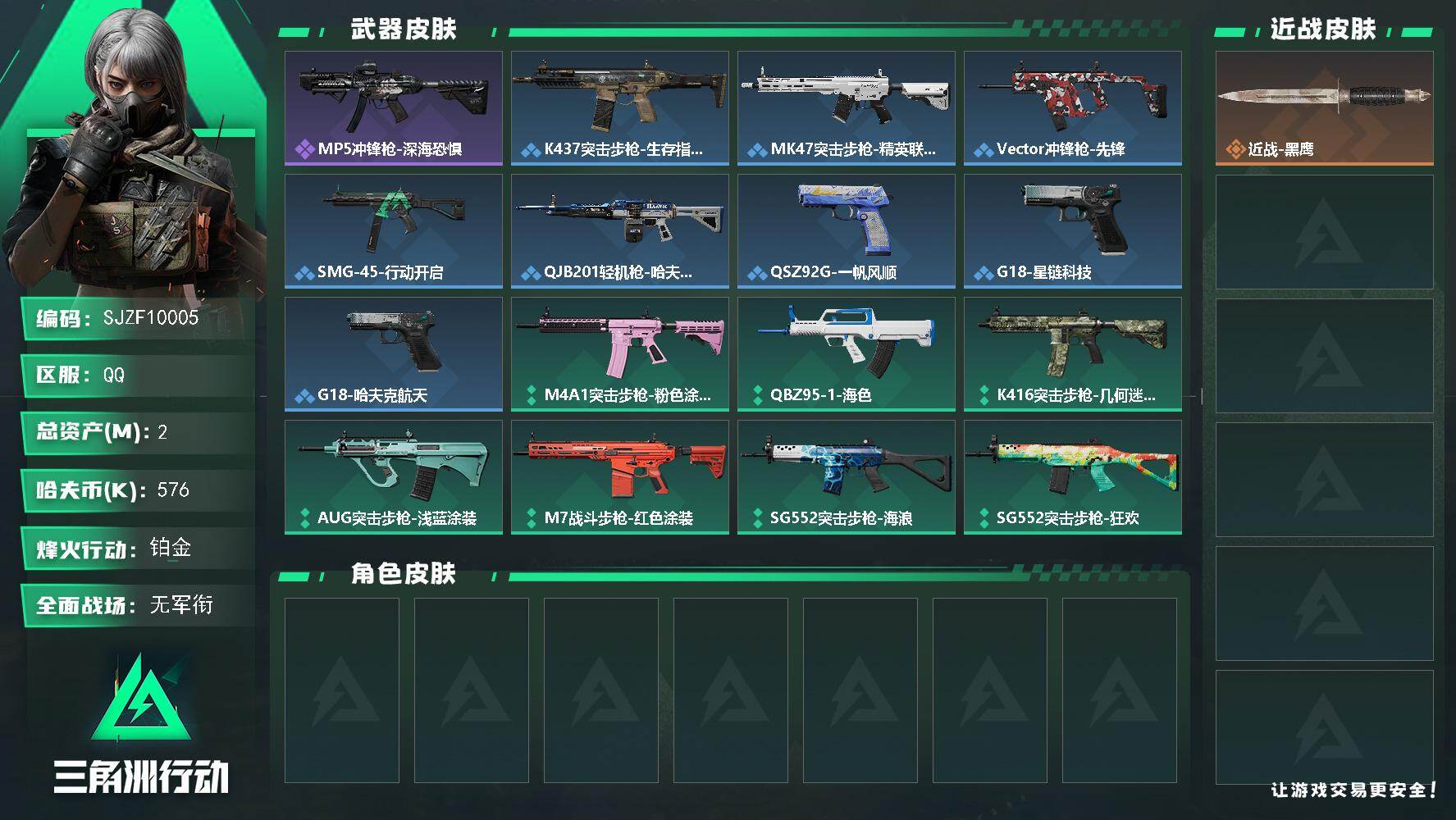 三角洲行动账号QQ【SJZF10005】总资产2M/哈夫币57万/战场等级1/行动等级37/安全箱等时效性道具以游戏内数据为准，详情请看图/近战-黑鹰/QBZ95-1突击步枪-战术甲胄/MP5冲锋枪-深海恐惧/K43