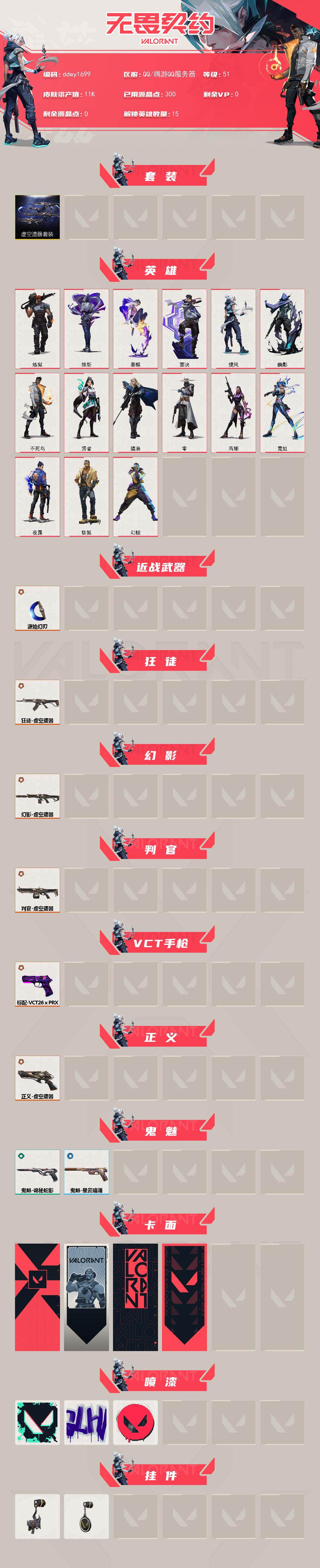 【ddwy1699】LV等级51/皮肤总价值11130/段位铂金/总皮肤数量8/刀皮数量1/枪皮数量7/套装数量1/具体详情请看图/虚空遗器套装/幻棱/炼狱/维斯/暮蝶/钛狐/壹决/捷风/幽影/不死