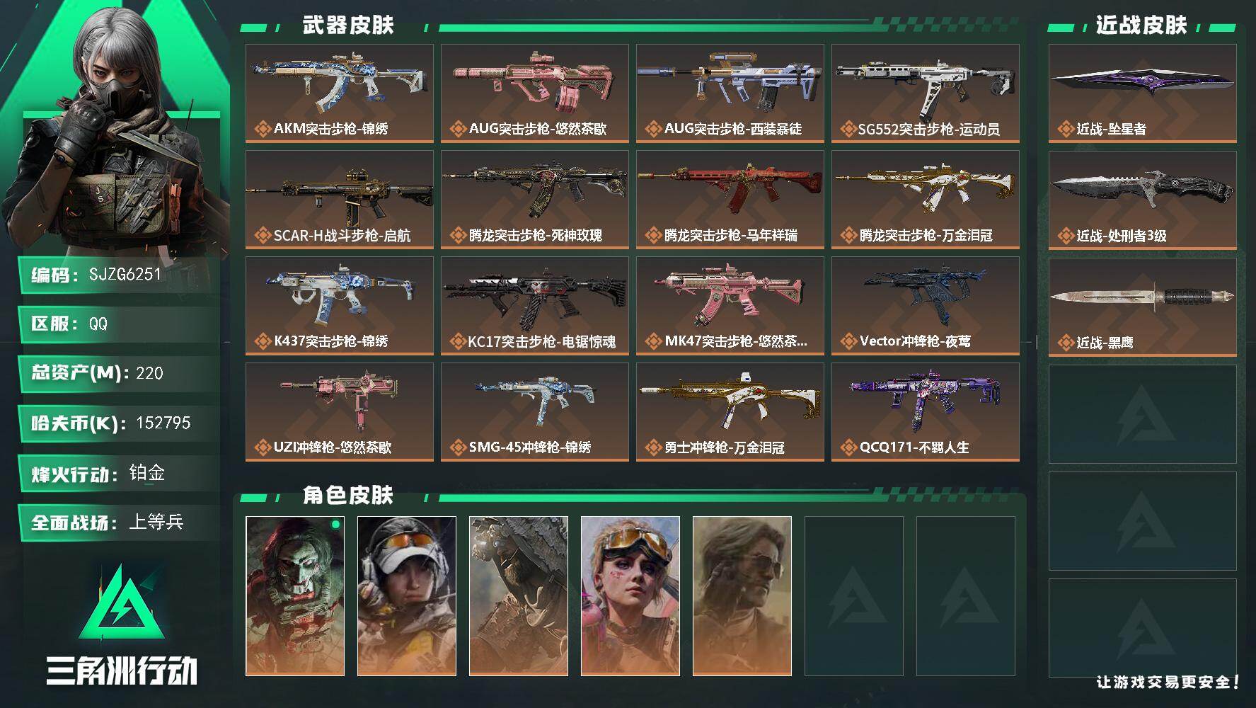 三角洲行动账号QQ【SJZG6251】总资产220M/哈夫币15279万/传说近战数2/干员外观数5/传说枪皮数24/