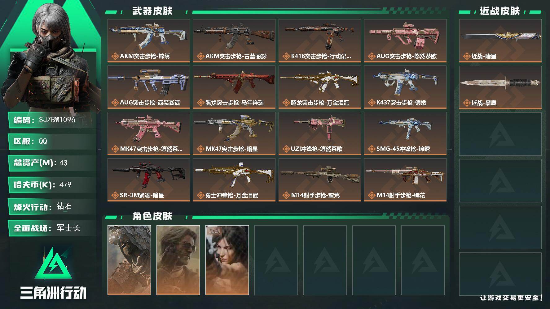 三角洲行动账号QQ【SJZBW1096】总资产43M/哈夫币47万/传说近战数1/干员外观数3/传说枪皮数20/战场等级23/行动等级60/安全箱等时效性道具以游戏内数据为准，详情请看图/乌鲁鲁-荒原猎手/银翼-未结