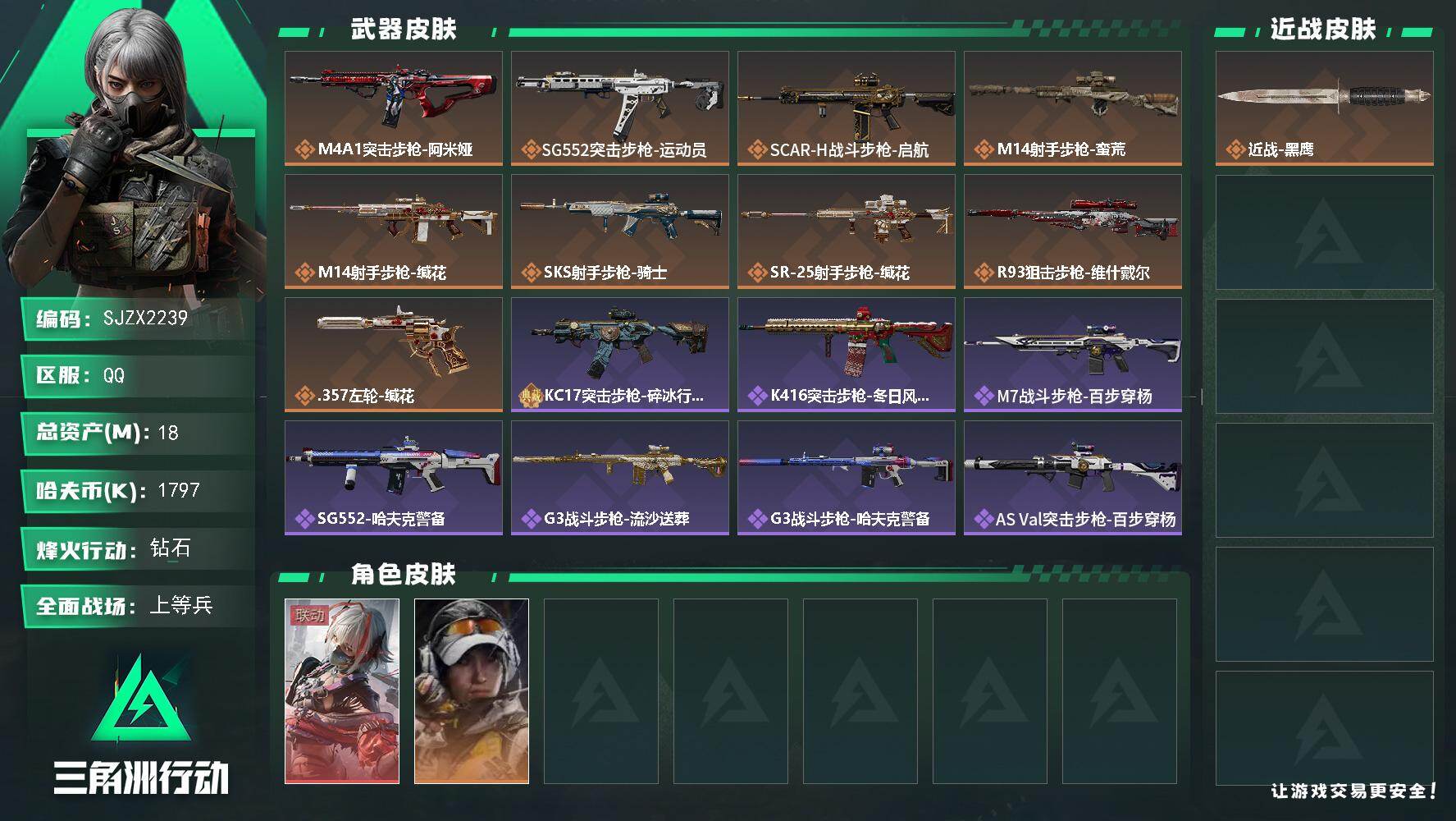 三角洲行动账号QQ【SJZX2239】总资产18M/哈夫币179万/干员外观数2/传说枪皮数9/战场等级17/行动等级60/安全箱等时效性道具以游戏内数据为准，详情请看图/骇爪-维什戴尔/露娜-金牌射手/近战-黑鹰/