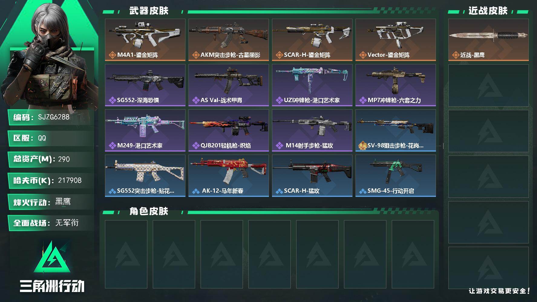 三角洲行动账号QQ【SJZG6288】总资产290M/哈夫币21790万/传说枪皮数4/战场等级5/行动等级60/安全