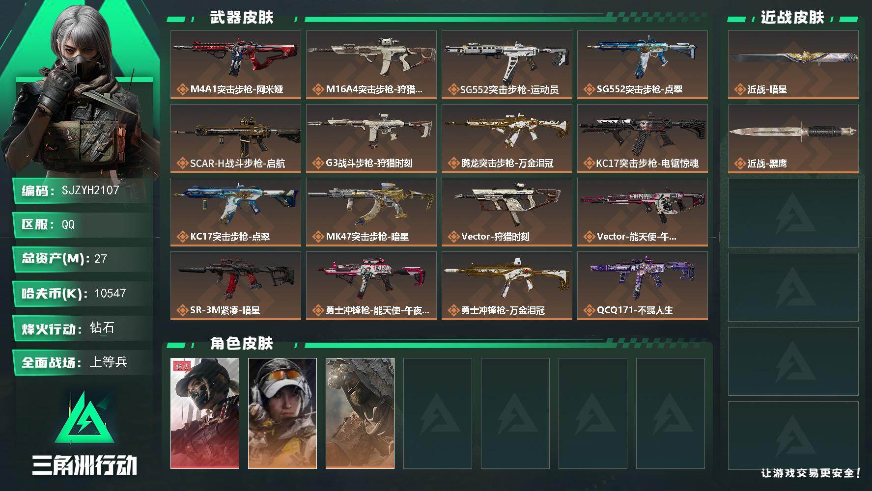 三角洲行动账号QQ【SJZYH2107】总资产27M/哈夫币1054万/传说近战数1/干员外观数3/传说枪皮数22/战场等级40/行动等级60/安全箱等时效性道具以游戏内数据为准，详情请看图/露娜-黑·天际线/露娜-