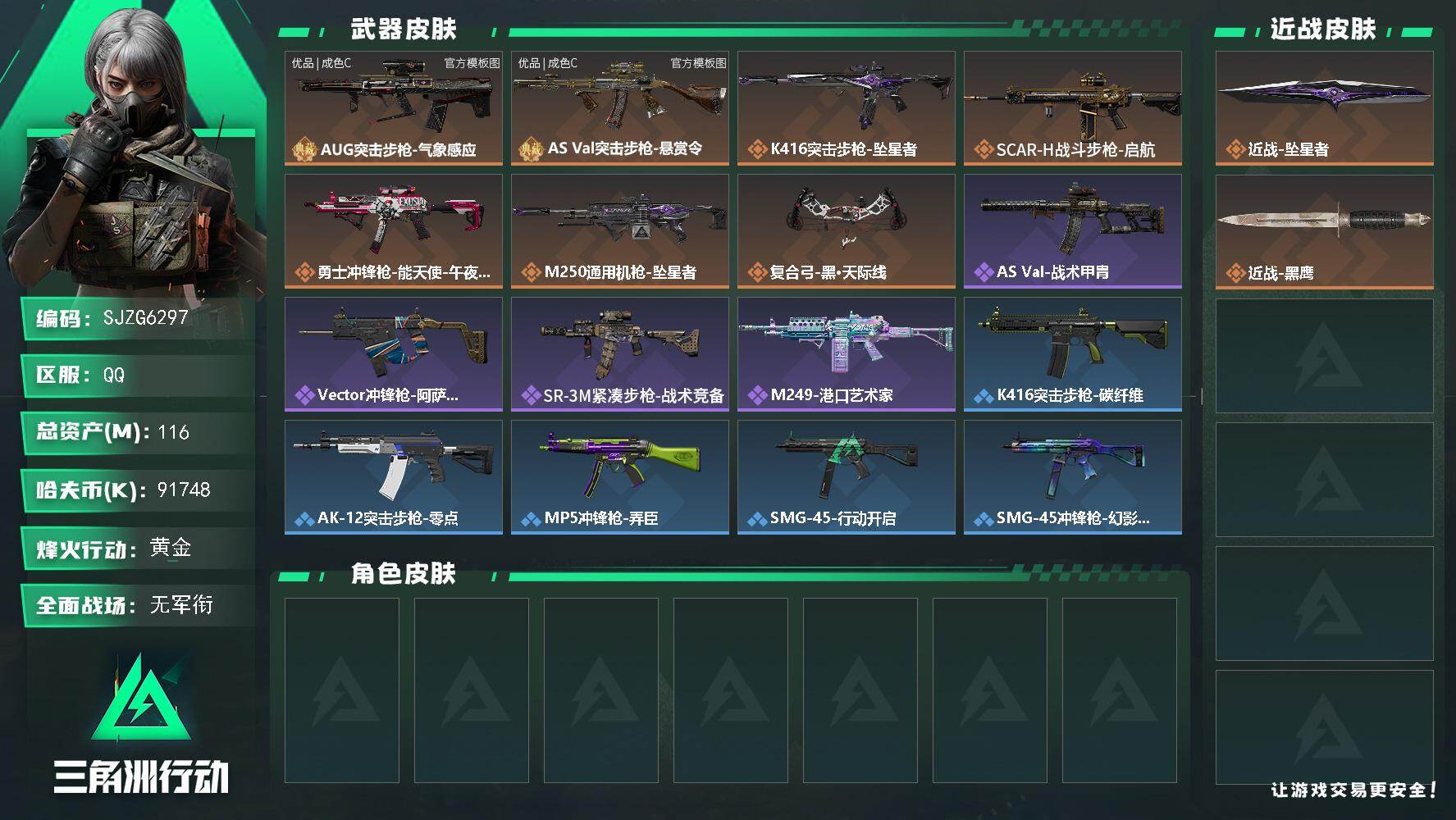 三角洲行动账号QQ【SJZG6297】总资产116M/哈夫币9174万/传说近战数1/典藏外观数2/传说枪皮数7/战场等级5/行动等级53/安全箱等时效性道具以游戏内数据为准，详情请看图/近战-坠星者/近战-黑鹰/A