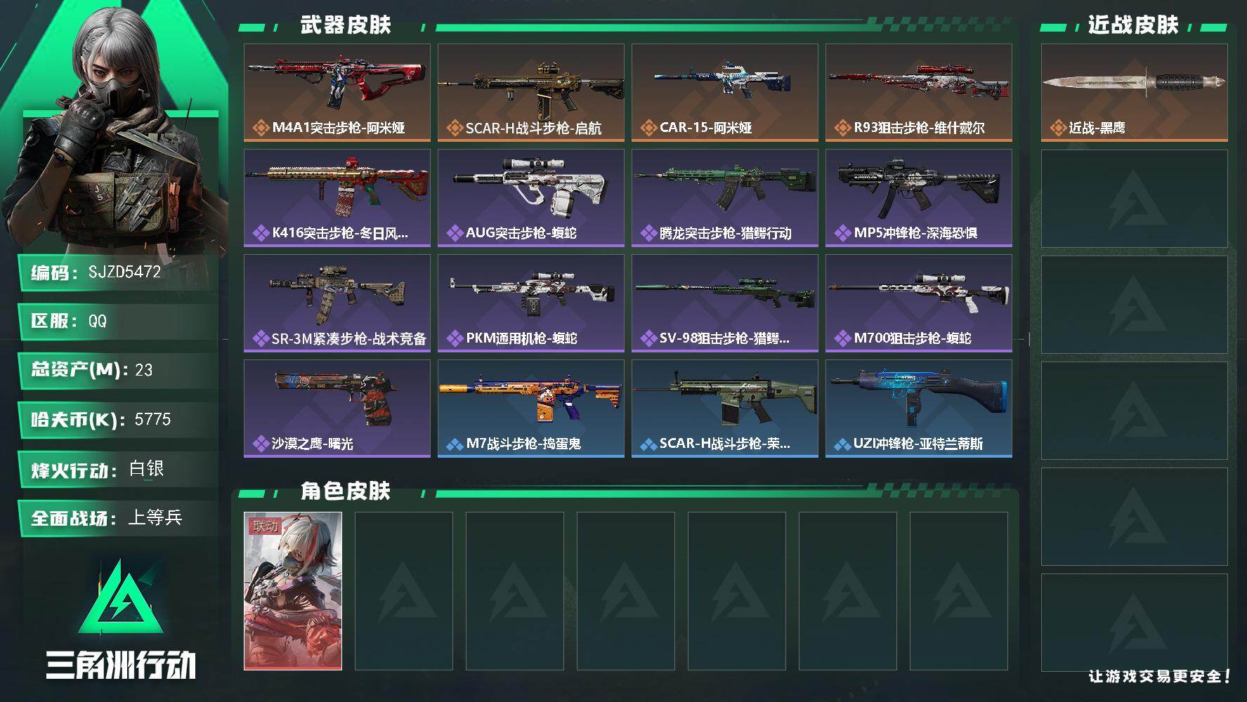 三角洲行动账号QQ【SJZD5472】总资产23M/哈夫币577万/干员外观数1/传说枪皮数4/战场等级21/行动等级44/安全箱等时效性道具以游戏内数据为准，详情请看图/骇爪-维什戴尔/近战-黑鹰/M4A1突击步枪