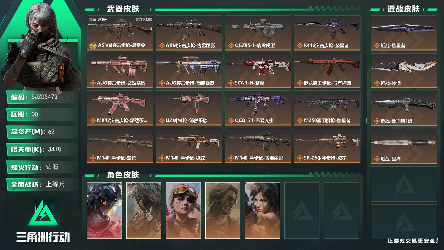 三角洲行动账号QQ【SJZD5473】总资产62M/哈夫币341万/传说近战数3/干员外观数5/典藏外观数1/传说枪皮数18/战场等级20/行动等级60/安全箱等时效性道具以游戏内数据为准，详情请看图/威龙-凌霄戍卫