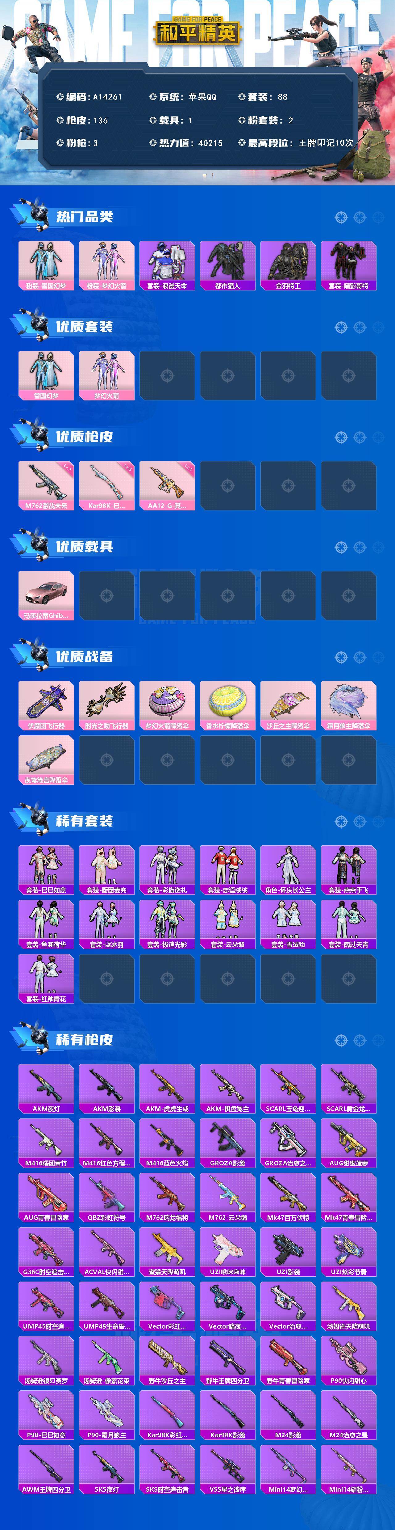 和平精英账号苹果QQ【A14261】88套装/枪械3/装备130/载具1/战备92/王牌印记10/热力值40215/七级M762-激战未来/五级Kar98K-巳巳如意/一级AA12-G-其乐融融/粉装-雪国幻梦/粉装-