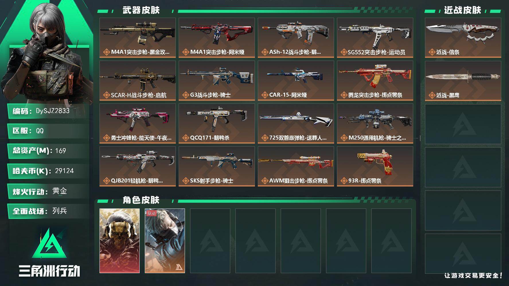 三角洲行动账号QQ【DySJZ2833】总资产169M/哈夫币2912万/传说近战数1/干员外观数2/传说枪皮数16/战场等级23/行动等级60/安全箱等时效性道具以游戏内数据为准，详情请看图/红狼-蚀金玫瑰/蜂医-