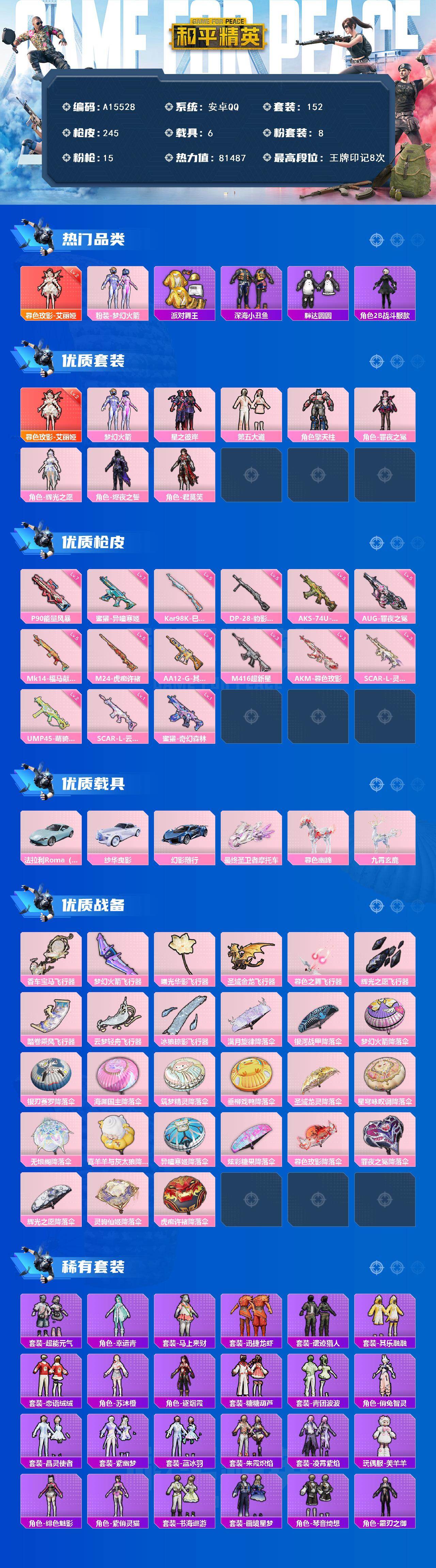 和平精英账号安卓QQ【A15528】152套装/枪械15/装备280/载具6/战备160/王牌印记8/热力值81487/三级AKM-暮色玫影/三级SCAR-L-灵驹仙姬/一级SCAR-L-云端童话/三级M416-超新星
