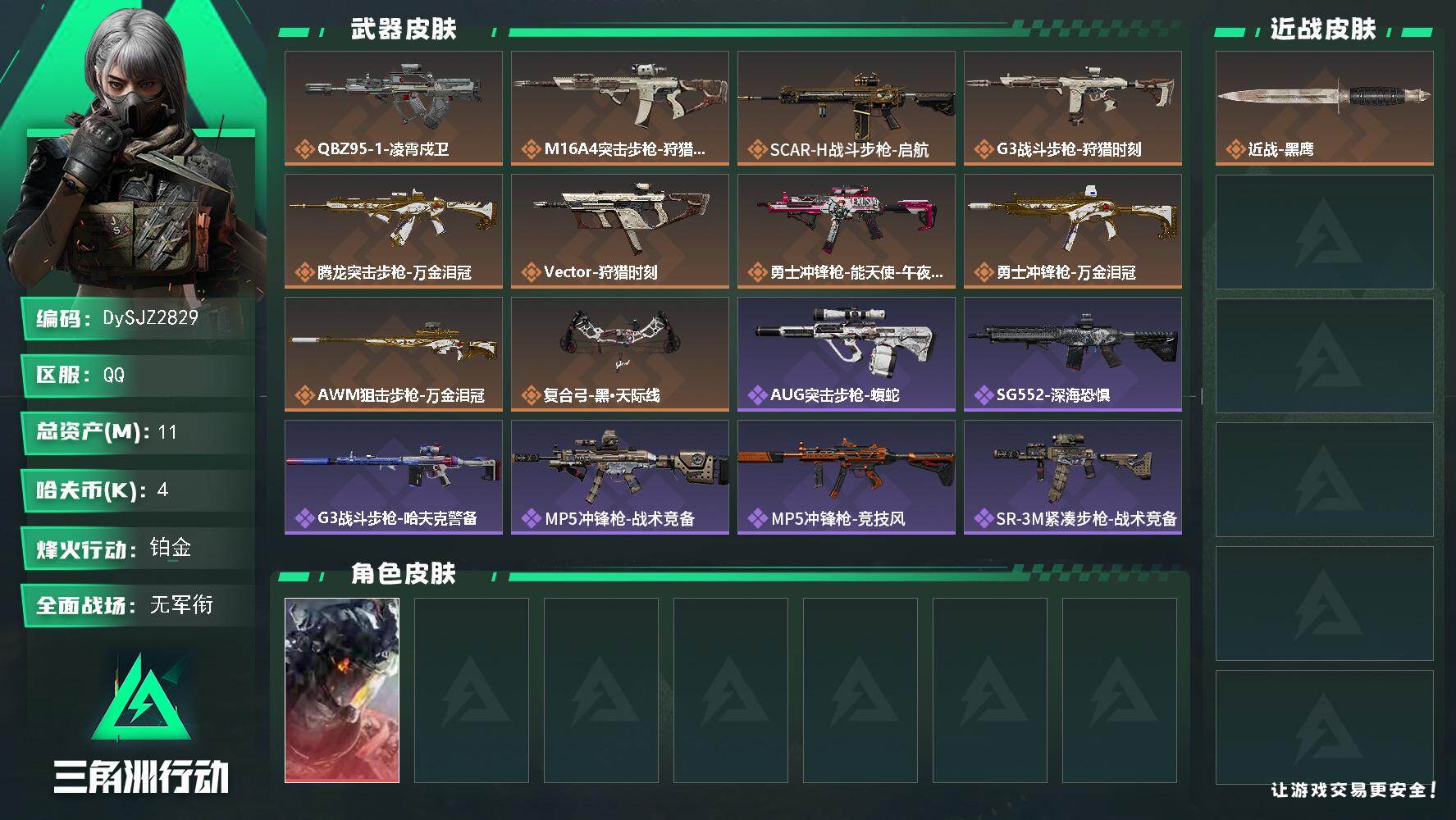 三角洲行动账号QQ【DySJZ2829】总资产11M/哈夫币0万/干员外观数1/传说枪皮数10/战场等级1/行动等级54/安全箱等时效性道具以游戏内数据为准，详情请看图/威龙-凌霄戍卫/近战-黑鹰/QBZ95-1突击
