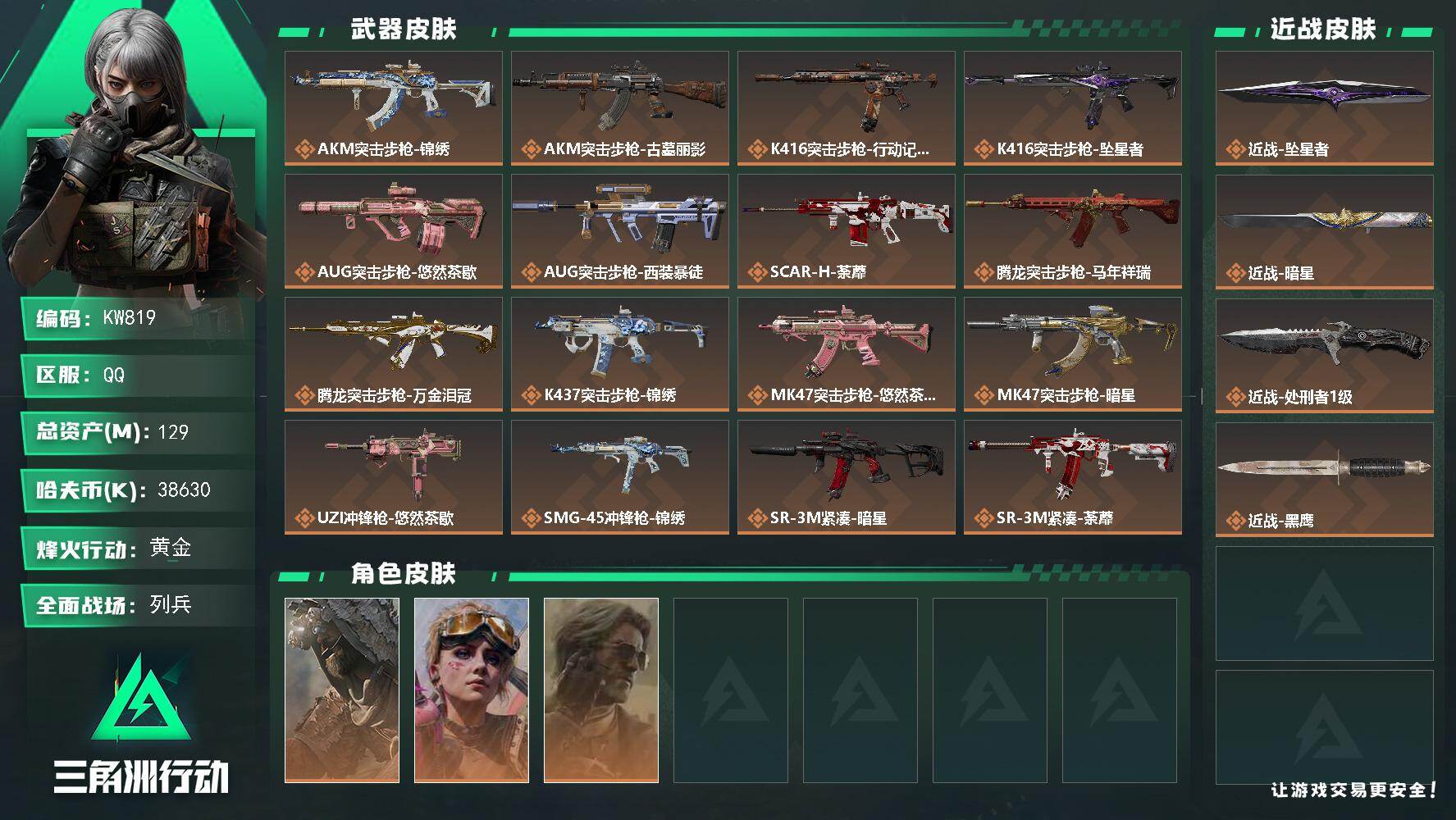 三角洲行动账号QQ【KW819】总资产129M/哈夫币3863万/传说近战数3/干员外观数3/传说枪皮数22/战场等级13/行动等级60/安全箱等时效性道具以游戏内数据为准，详情请看图/乌鲁鲁-荒原猎手/蛊-不羁人生