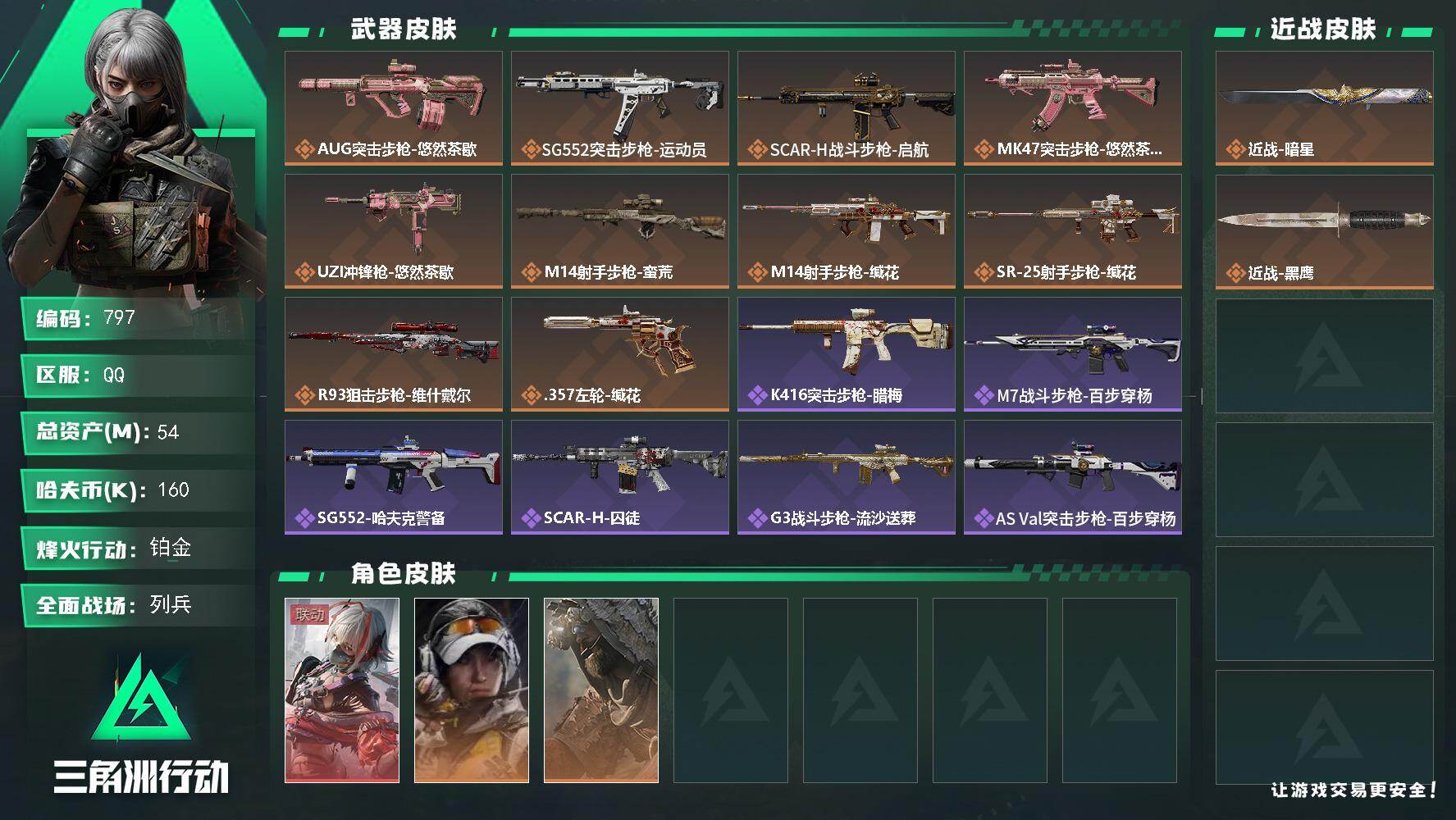 三角洲行动账号QQ54m总资产-160k哈夫币-60烽火等级-铂金-10战场等级-列兵
【干员外观】：骇爪-维什戴尔，露娜-金牌射手，乌鲁鲁-荒原猎手
【近战皮肤】：近战-暗星，近战-黑鹰
【传说外观】：AUG突击步枪