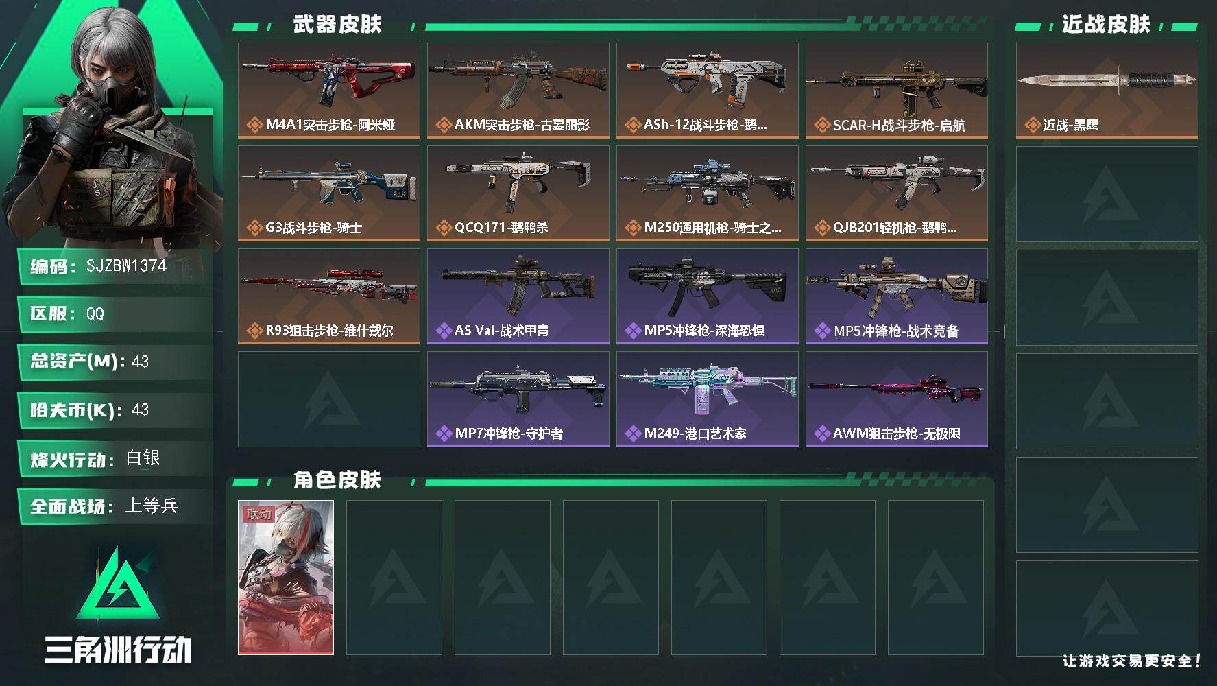 三角洲行动账号QQ【SJZBW1374】总资产43M/哈夫币4万/干员外观数1/传说枪皮数9/战场等级25/行动等级56/安全箱等时效性道具以游戏内数据为准，详情请看图/骇爪-维什戴尔/近战-黑鹰/M4A1突击步枪-