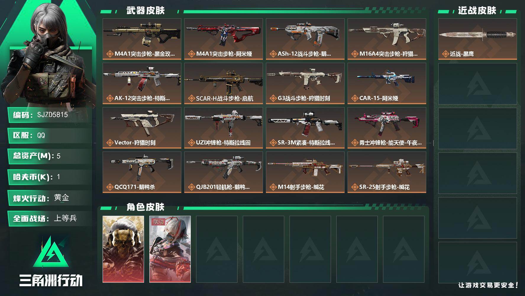 三角洲行动账号QQ【SJZD5815】总资产5M/哈夫币0万/干员外观数2/传说枪皮数18/战场等级37/行动等级59