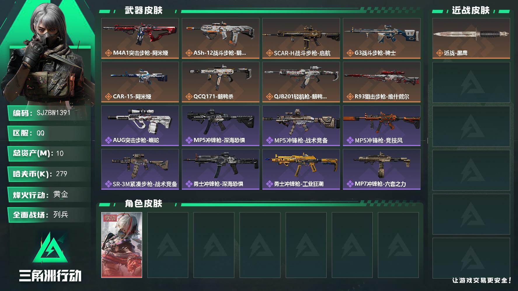 三角洲行动账号QQ【SJZBW1391】总资产10M/哈夫币27万/干员外观数1/传说枪皮数8/战场等级21/行动等级60/安全箱等时效性道具以游戏内数据为准，详情请看图/骇爪-维什戴尔/近战-黑鹰/M4A1突击步枪
