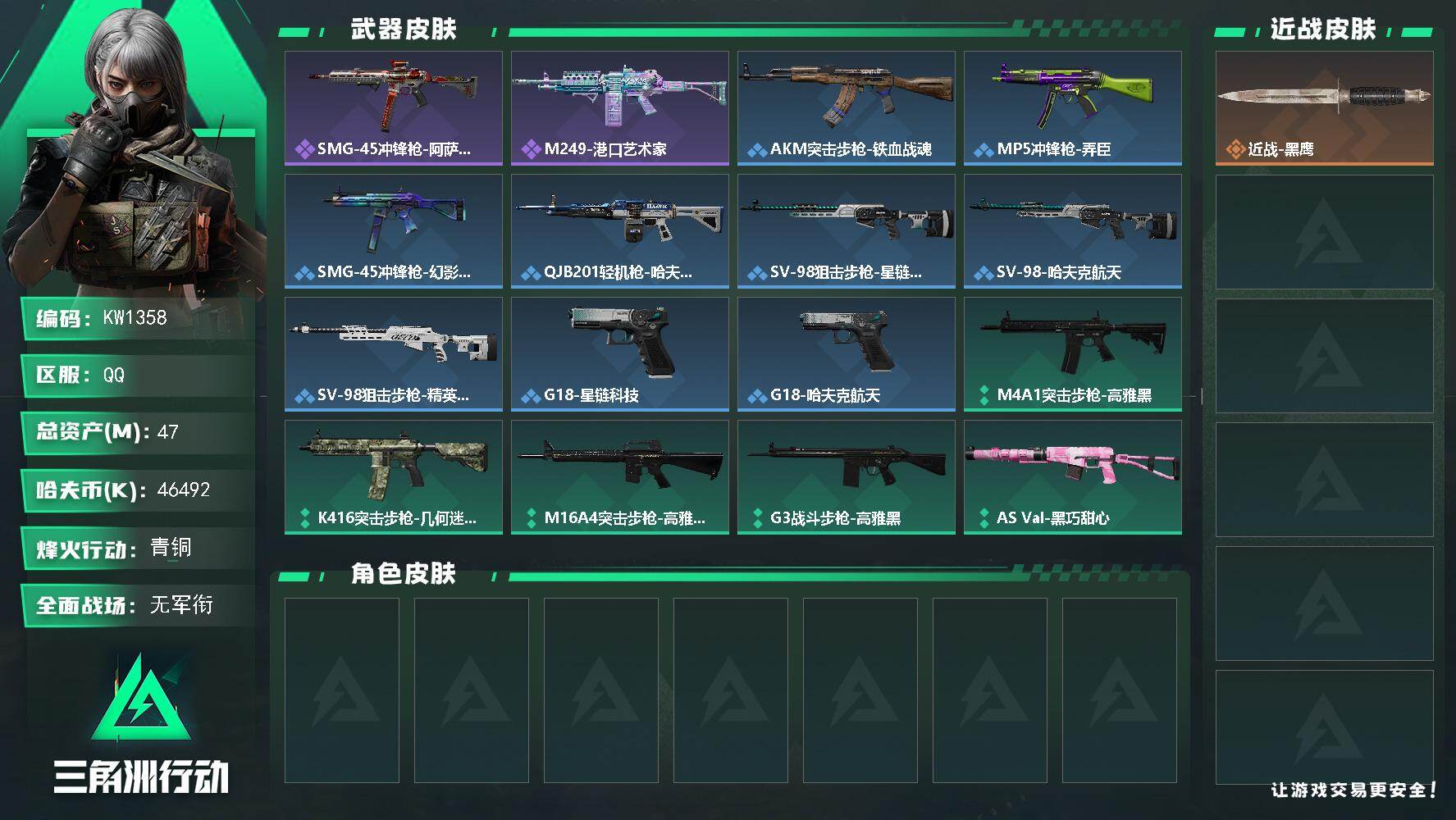 三角洲行动账号QQ【KW1358】总资产47M/哈夫币4649万/战场等级1/行动等级23/安全箱等时效性道具以游戏内数据为准，详情请看图/近战-黑鹰/SMG-45冲锋枪-阿萨拉特攻/M249轻机枪-港口艺术家/AK