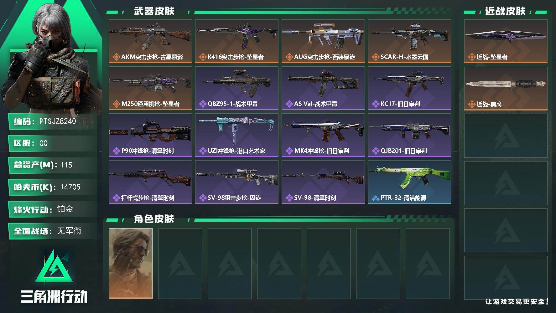 三角洲行动账号QQ【PTSJZ8240】总资产115M/哈夫币1470万/传说近战数1/干员外观数1/传说枪皮数5/战