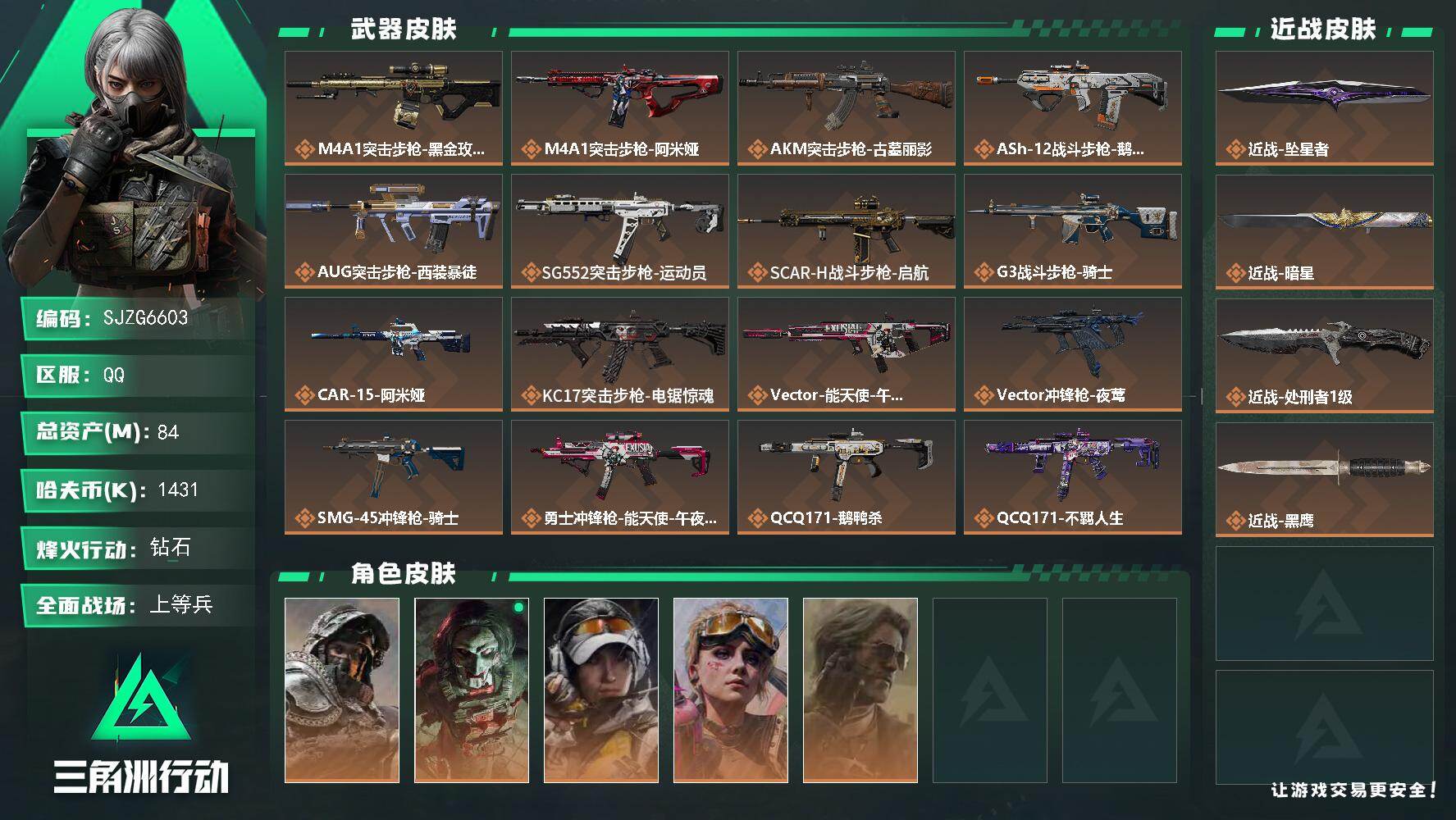 三角洲行动账号QQ【SJZG6603】总资产84M/哈夫币143万/传说近战数3/干员外观数5/传说枪皮数25/战场等级34/行动等级60/安全箱等时效性道具以游戏内数据为准，详情请看图/深蓝-不破誓约/红狼-电锯惊