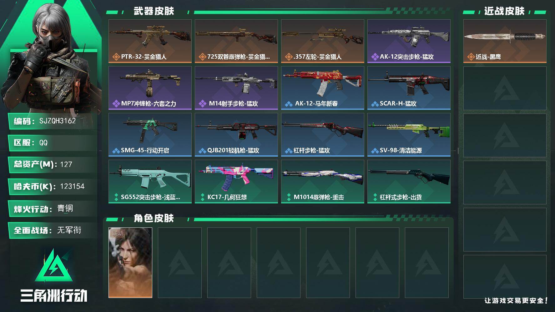 三角洲行动账号QQ【SJZQH3162】总资产127M/哈夫币12315万/干员外观数1/传说枪皮数3/战场等级1/行
