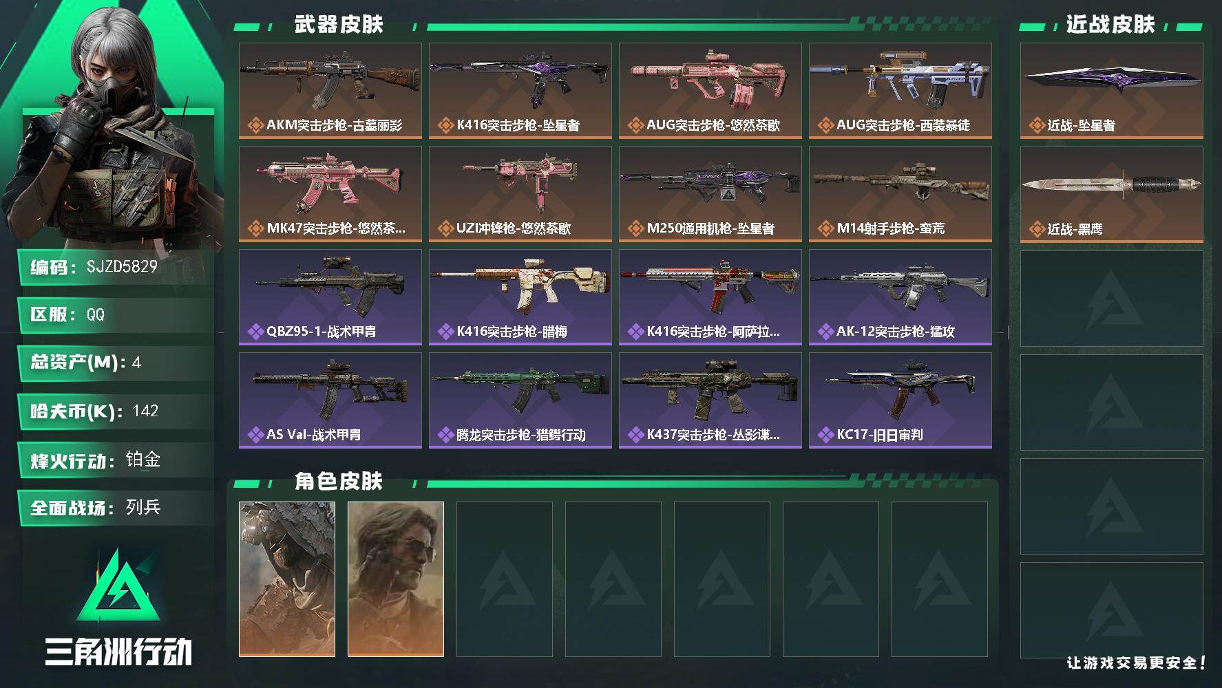 三角洲行动账号QQ【SJZD5829】总资产4M/哈夫币14万/传说近战数1/干员外观数2/传说枪皮数8/战场等级11/行动等级60/安全箱等时效性道具以游戏内数据为准，详情请看图/乌鲁鲁-荒原猎手/银翼-未结卷宗/