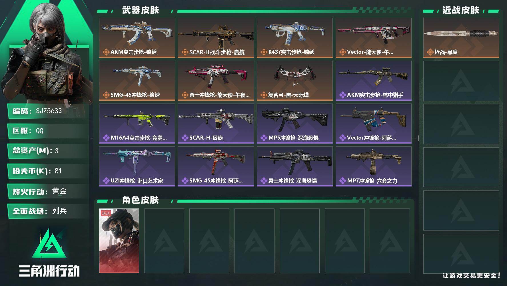 三角洲行动账号QQ【SJZ5633】总资产3M/哈夫币8万/干员外观数1/传说枪皮数7/战场等级19/行动等级44/安全箱等时效性道具以游戏内数据为准，详情请看图/露娜-黑·天际线/近战-黑鹰/AKM突击步枪-锦绣/