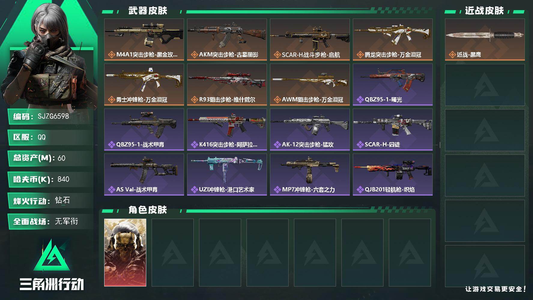 三角洲行动账号QQ【SJZG6598】总资产60M/哈夫币84万/干员外观数1/传说枪皮数7/战场等级1/行动等级60/安全箱等时效性道具以游戏内数据为准，详情请看图/红狼-蚀金玫瑰/近战-黑鹰/M4A1突击步枪-蚀