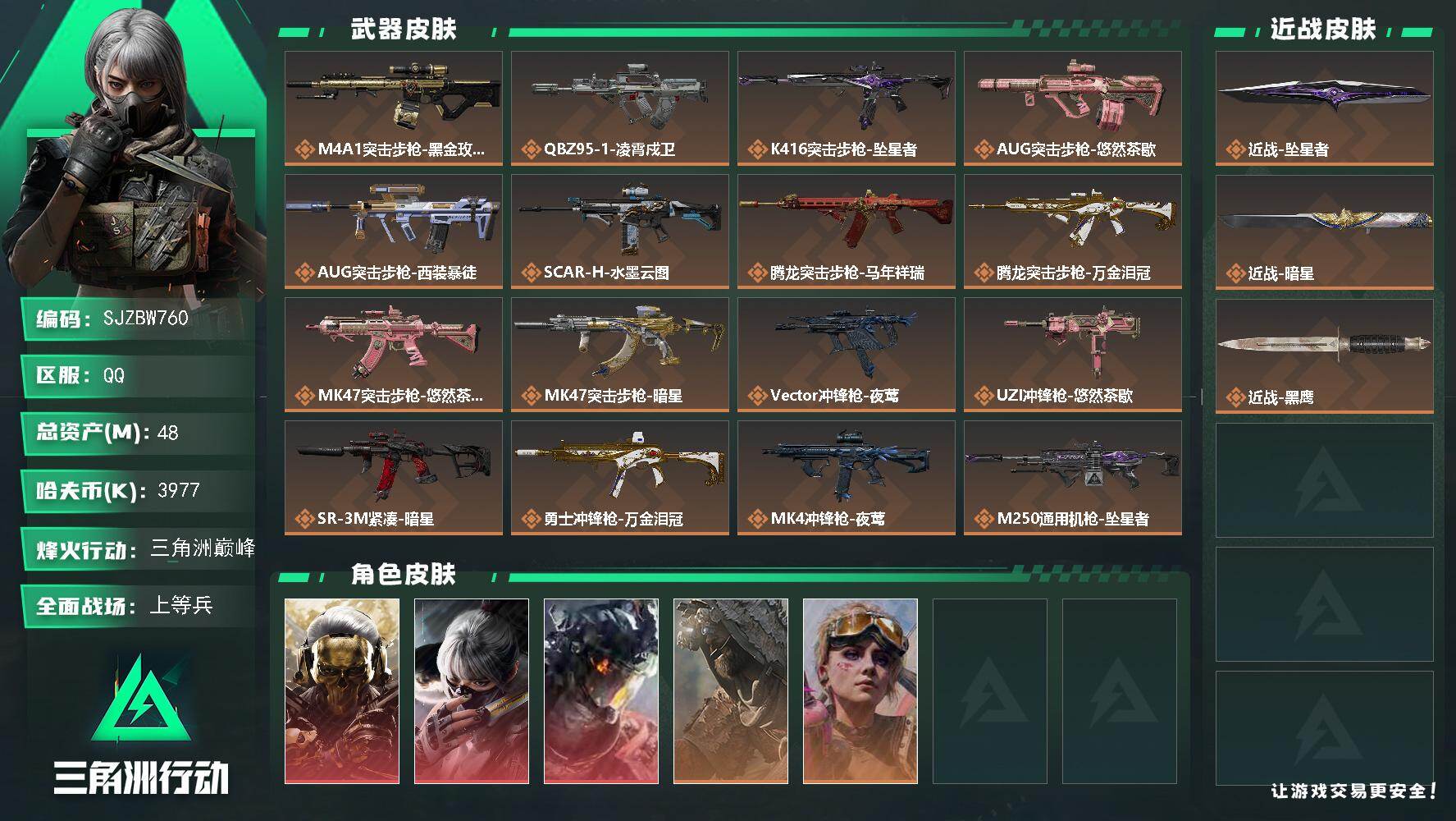 三角洲行动账号QQ【SJZBW760】总资产48M/哈夫币397万/传说近战数2/干员外观数5/传说枪皮数20/战场等