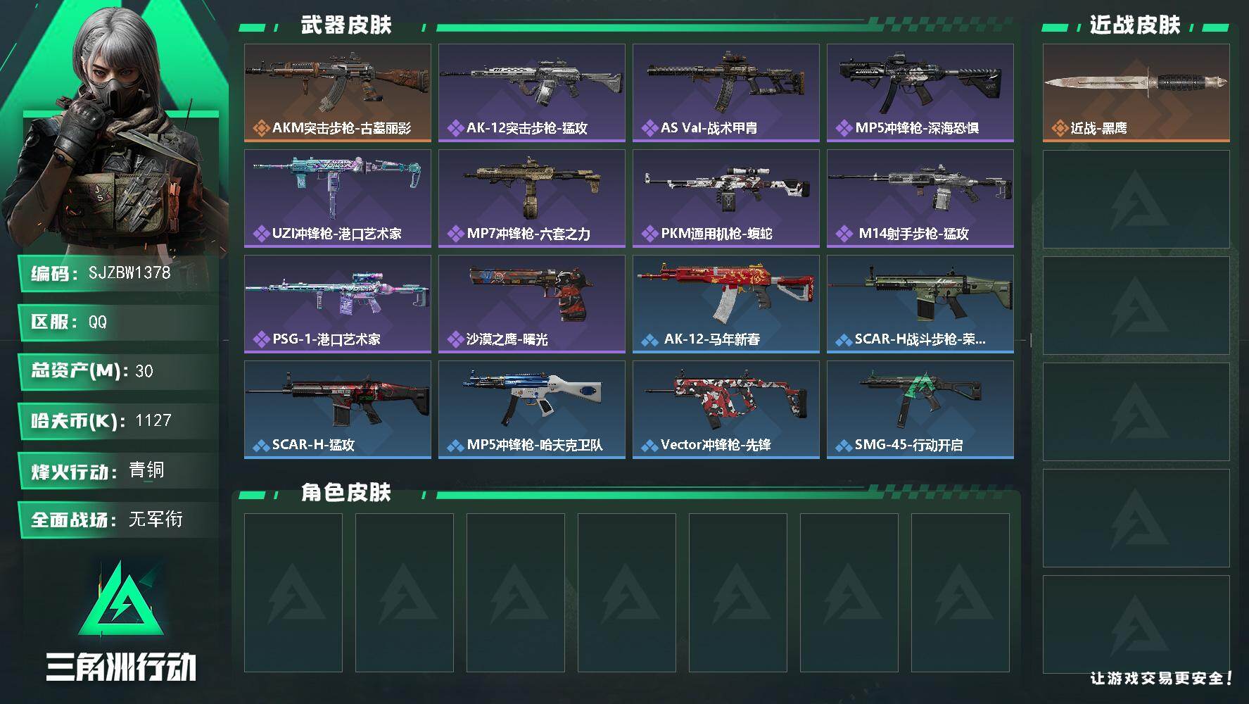 三角洲行动账号QQ【SJZBW1378】总资产30M/哈夫币112万/传说枪皮数1/战场等级1/行动等级60/安全箱等时效性道具以游戏内数据为准，详情请看图/近战-黑鹰/AKM突击步枪-古墓丽影/AK-12突击步枪-