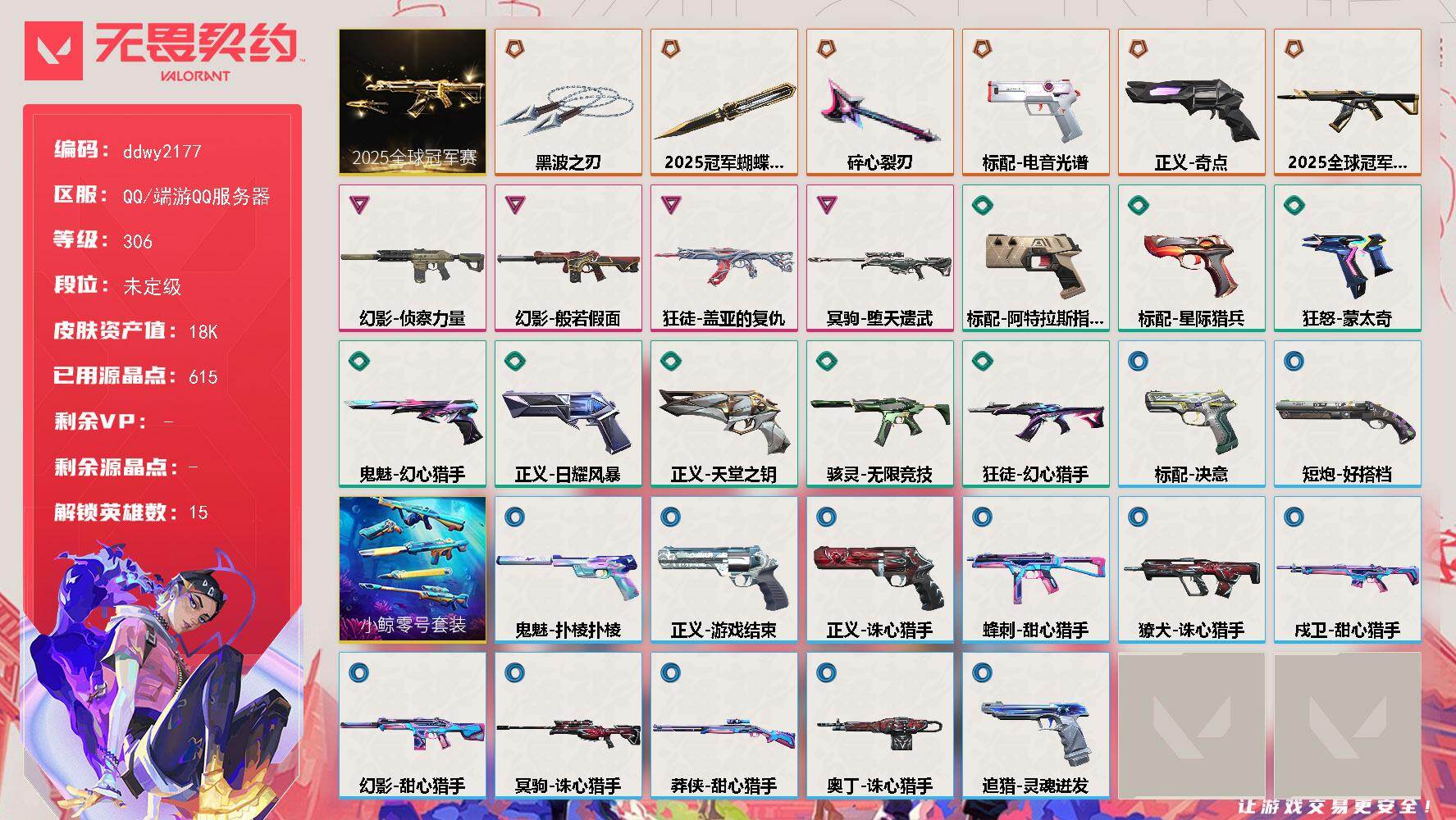 无畏契约账号QQ【ddwy2177】LV等级306/皮肤总价值18090/段位未定级/总皮肤数量32/刀皮数量3/枪皮数量29/套装数量1/具体详情请看图/2025全球冠军赛套装/炼狱/暮蝶/壹决/捷风/不死鸟/贤