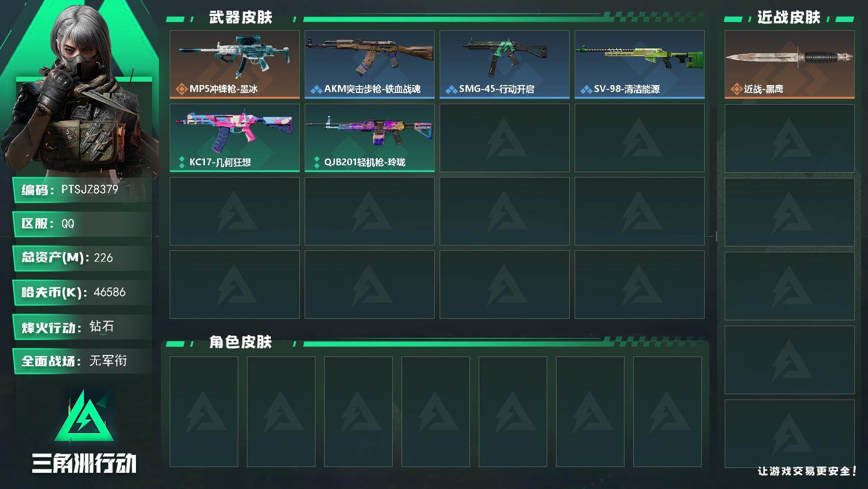 三角洲行动账号QQ【PTSJZ8379】总资产226M/哈夫币4658万/传说枪皮数1/战场等级1/行动等级60/安全