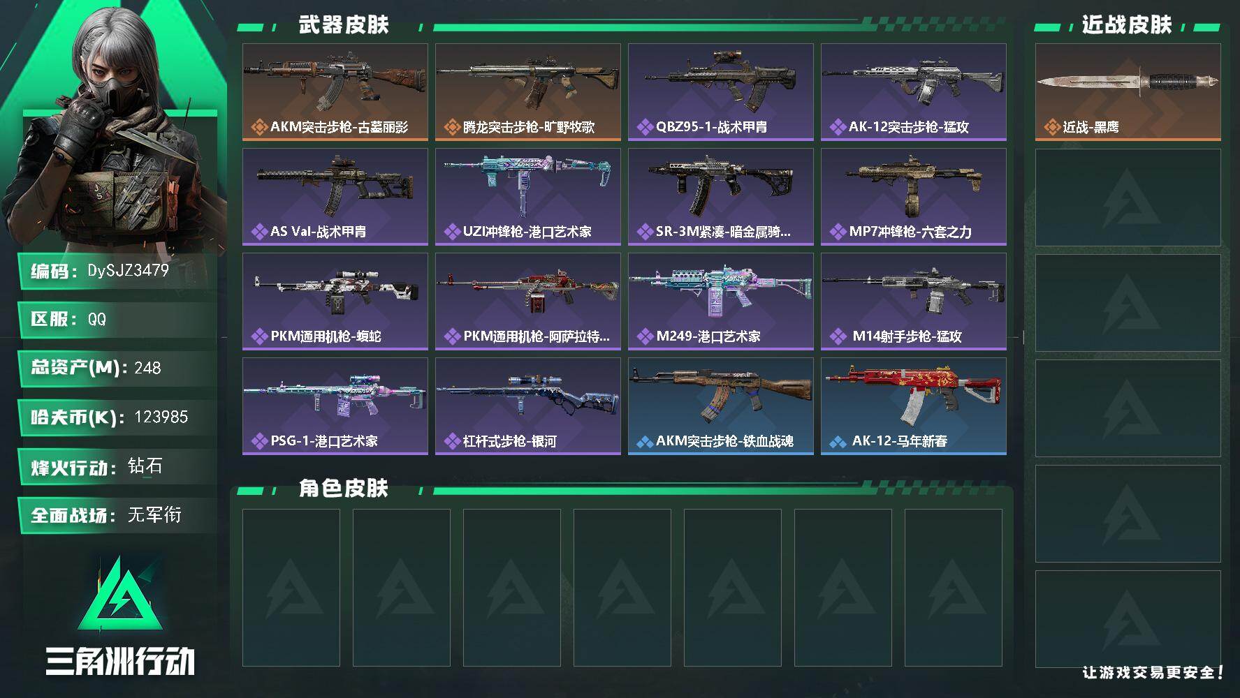三角洲行动账号QQ【DySJZ3479】总资产248M/哈夫币12398万/传说枪皮数2/战场等级1/行动等级60/安全箱等时效性道具以游戏内数据为准，详情请看图/近战-黑鹰/AKM突击步枪-古墓丽影/腾龙突击步枪-