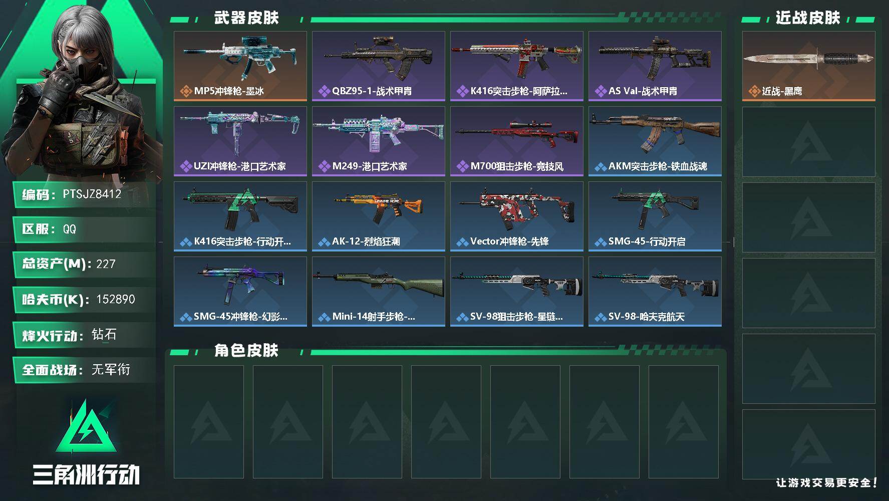 三角洲行动账号QQ【PTSJZ8412】总资产227M/哈夫币15289万/传说枪皮数1/战场等级1/行动等级60/安